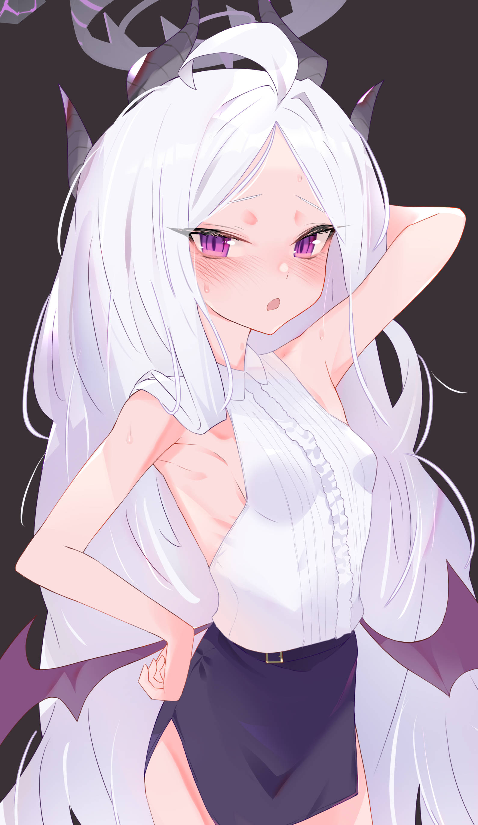 ura ra1800, hina (blue archive), blue archive, absurdres, highres, 1girl, ahoge, arm behind head, arm up, armpits, belt, black halo, black horns, black skirt, blush, breasts, demon girl, demon horns, demon wings, forehead, halo, hand on own hip, horns, long hair, low wings, open mouth, purple eyes, shirt, skirt, small breasts, solo, very long hair, white hair, white shirt, wings