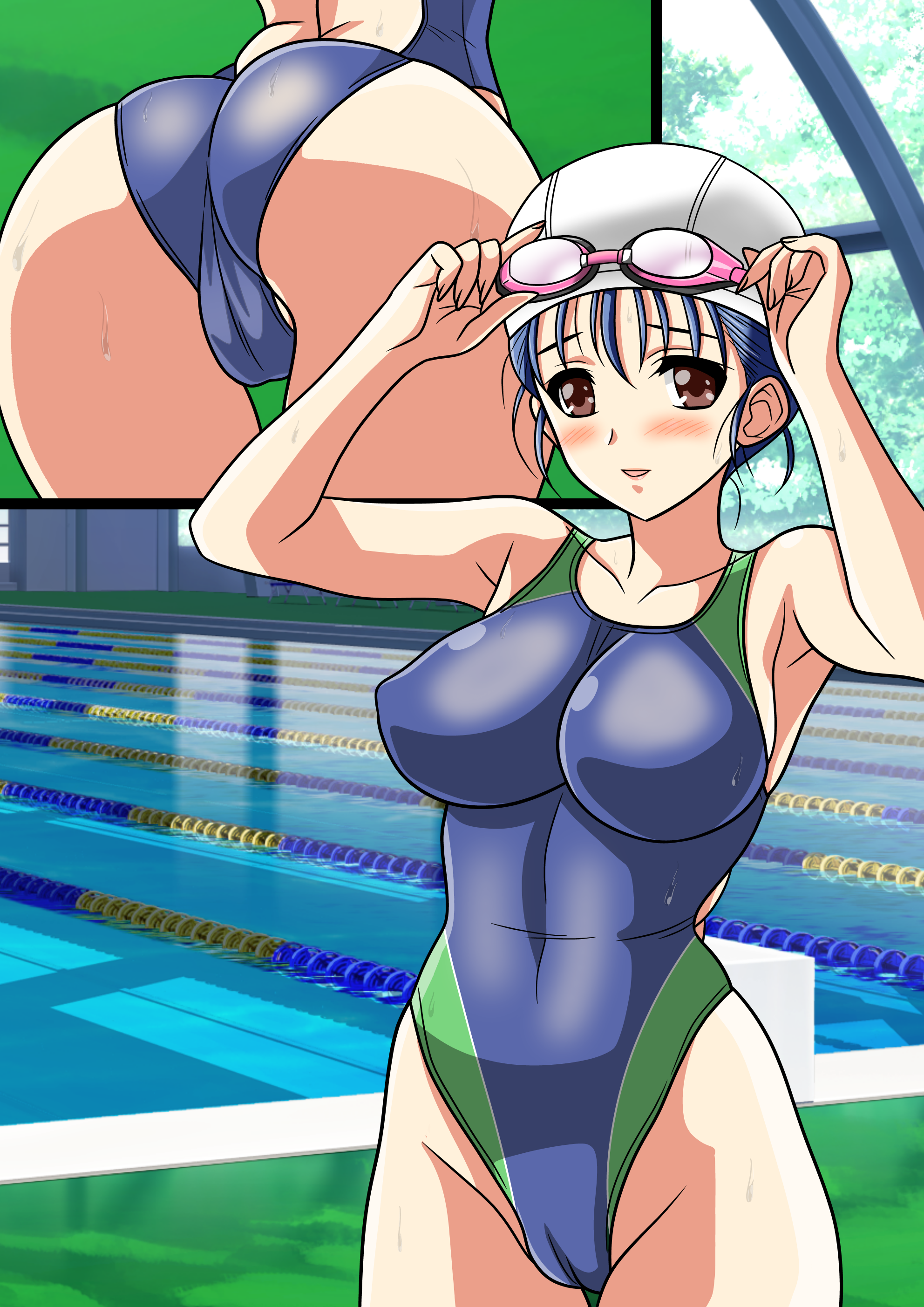 yuuyuu (3jjbn), angelium, absurdres, commentary request, highres, 1girl, ass, blue hair, blue one-piece swimsuit, brown eyes, cameltoe, collarbone, competition swimsuit, cowboy shot, goggles, goggles on head, highleg, highleg one-piece swimsuit, lane line, multiple views, one-piece swimsuit, pool, short hair, swim cap, swimsuit, two-tone swimsuit, yunaki miki