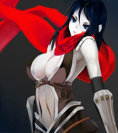 siro (asteblanc), assassin cross (ragnarok online), ragnarok online, bad id, bad pixiv id, 1girl, black hair, blue eyes, breasts, buckle, center opening, cleavage, female focus, goth fashion, kooley's special friend's, large breasts, lips, pale skin, scarf, solo