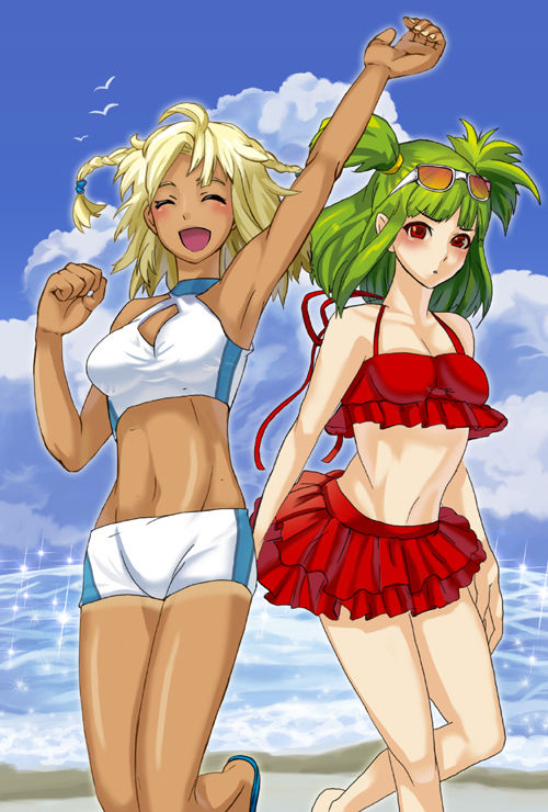siro (asteblanc), hishimiya tsugaru, xiatian (beatmania), beatmania iidx, bemani, bad id, bad pixiv id, 2girls, :d, abs, arm up, armpits, beach, bikini, blonde hair, blush, braid, closed eyes, dark-skinned female, dark skin, day, eyewear on head, frown, green hair, hand up, happy, midriff, multiple girls, navel, ocean, open mouth, outdoors, outstretched arm, red eyes, short hair, shorts tan, smile, sparkle, squinting, staring, swimsuit, tan, tanline, twin braids, twintails, waves
