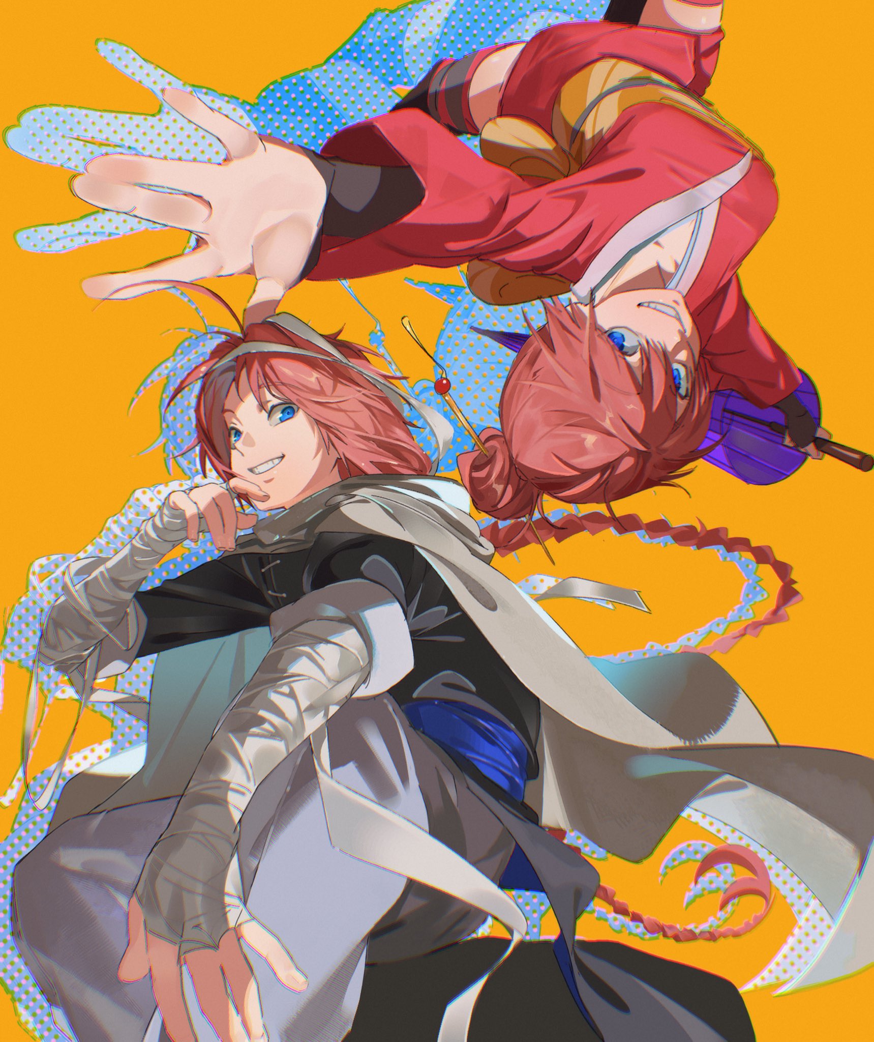 nong1ji, kagura (gintama), kamui (gintama), gintama, commentary, highres, symbol-only commentary, 1boy, 1girl, bandaged arm, bandaged head, bandages, black shirt, blue eyes, blue sash, braid, brother and sister, cape, chinese clothes, closed umbrella, grey cloak, grey pants, grin, hair bun, hair ornament, hair stick, holding, holding umbrella, japanese clothes, kimono, long hair, long sleeves, looking at viewer, obi, oil-paper umbrella, orange background, orange sash, outstretched arm, pants, pink hair, purple umbrella, reaching, reaching towards viewer, red hair, red kimono, sash, shirt, siblings, single braid, single hair bun, smile, teeth, umbrella, upside-down