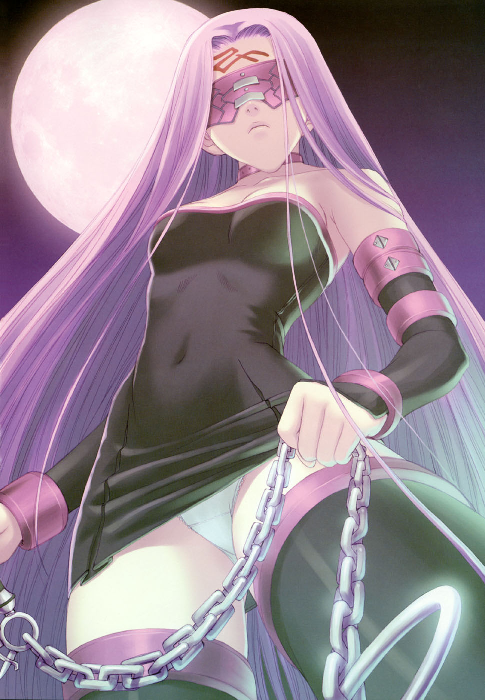 tony taka, medusa (fate), medusa (rider) (fate), fate/stay night, fate (series), highres, scan, 00s, 1girl, armpits, bare shoulders, black dress, blindfold, breasts, chain, collar, collarbone, detached sleeves, dress, female focus, from below, long hair, medium breasts, navel, panties, pantyshot, purple hair, solo, strapless, strapless dress, thighhighs, underwear, very long hair, white panties, zettai ryouiki