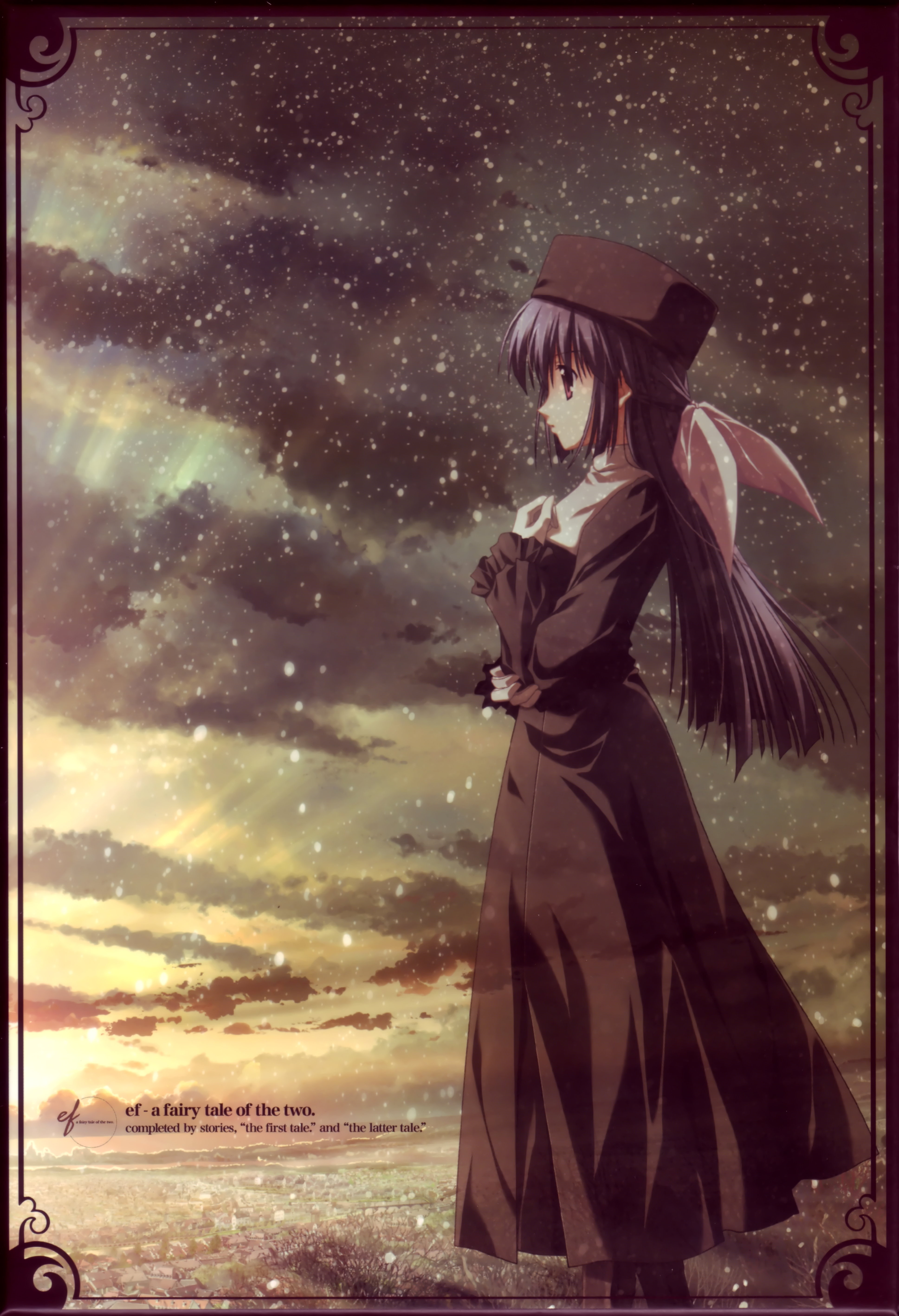 nanao naru, amamiya yuuko, ef (visual novel), absurdres, highres, 00s, 1girl, blue hair, cloud, female focus, gloves, hat, long hair, red eyes, sky, solo, white gloves