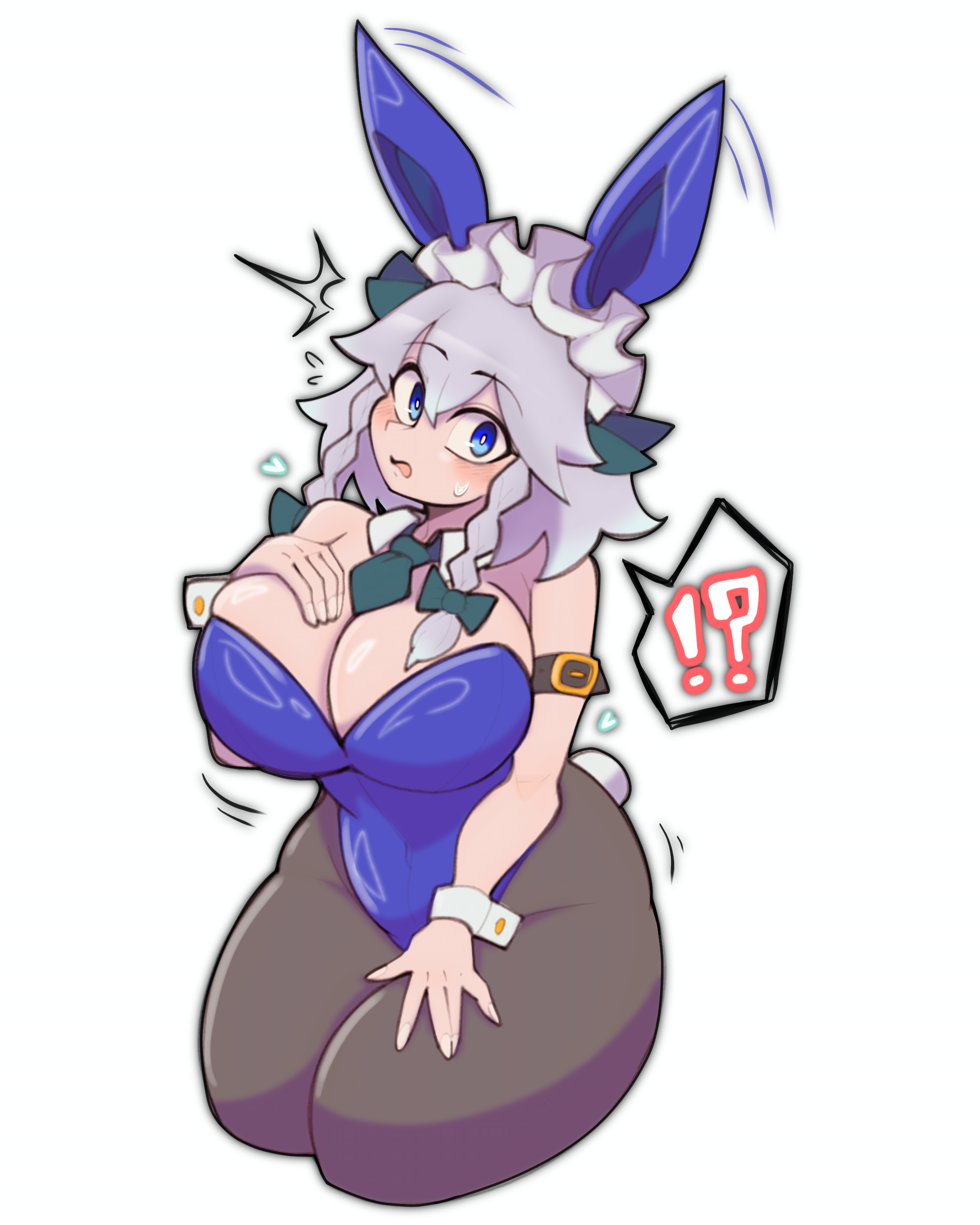 doctor5648, izayoi sakuya, touhou, absurdres, commentary request, highres, !?, :o, ^^^, animal ears, armband, black border, bloom, blue eyes, blue leotard, blush, border, bow, braided sidelocks, breasts, brown armband, brown pantyhose, buckle, cleavage, collar, cowboy shot, cropped legs, crossed bangs, fake animal ears, fake tail, flying sweatdrops, green bow, green necktie, hair between eyes, hair bow, hand on own thigh, heart, large breasts, leotard, maid headdress, medium hair, motion lines, necktie, open mouth, pantyhose, playboy bunny, rabbit ears, rabbit tail, short necktie, signature, simple background, solo, speech bubble, spoken interrobang, strapless, strapless leotard, surprised, sweatdrop, tail, thick thighs, thighs, user interface, white background, white collar, white hair, white wrist cuffs, wrist cuffs