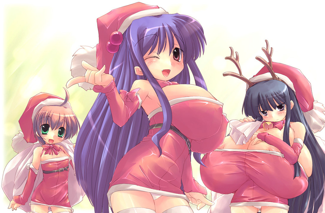 ga015, white legwear, 3girls, ahoge, animal ears, antlers, bell, breasts, christmas, cleavage, cowboy shot, elbow gloves, flat chest, gigantic breasts, gloves, green eyes, hat, horns, huge breasts, loli, multiple girls, one eye closed, oppai loli, panties, pantyshot, red gloves, santa costume, santa hat, thighhighs, underwear, wink