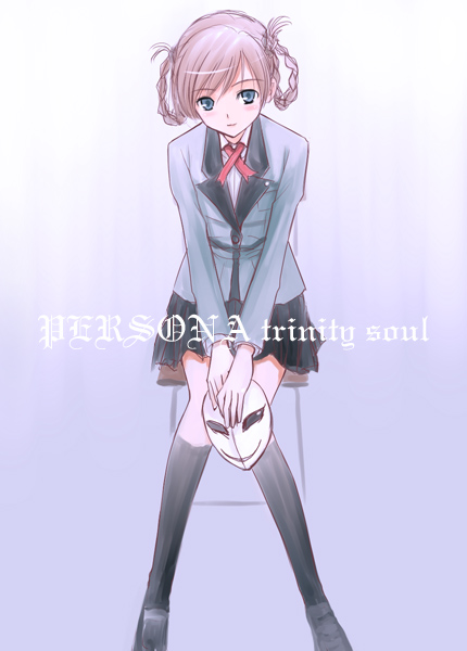 niwatori kokezou, kayano megumi, atlus, persona, persona trinity soul, 00s, 1girl, black skirt, black thighhighs, blue background, blue coat, blue eyes, blue skirt, blue thighhighs, blush, bow, bowtie, chair, coat, english text, female focus, gradient background, loafers, looking at viewer, mask, miniskirt, pink hair, pleated skirt, red bow, red bowtie, shoes, short hair, simple background, sitting, skirt, solo, text focus, thighhighs