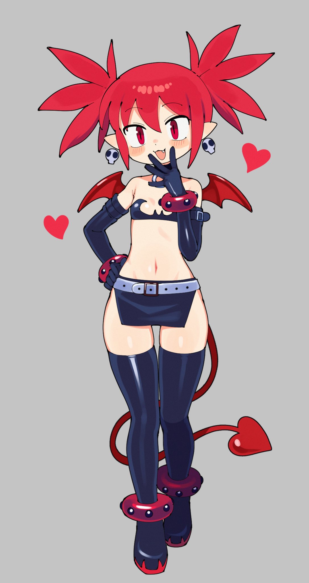 batrobin k, etna (disgaea), disgaea, highres, 1girl, :3, anklet, bandeau, bare shoulders, belt, black bandeau, black boots, black gloves, black skirt, blush, boots, bracelet, breasts, demon girl, demon tail, demon wings, dot nose, earrings, elbow gloves, fang, full body, gloves, grey background, groin, hair between eyes, heart, jewelry, looking at viewer, miniskirt, multicolored boots, navel, open mouth, pointy ears, red boots, red eyes, red hair, short hair, short twintails, side slit, sidelocks, simple background, skindentation, skirt, skull earrings, small breasts, smile, solo, standing, straight hair, tail, thigh boots, thighhighs, tsurime, twintails, two-tone boots, white belt, wings, zettai ryouiki