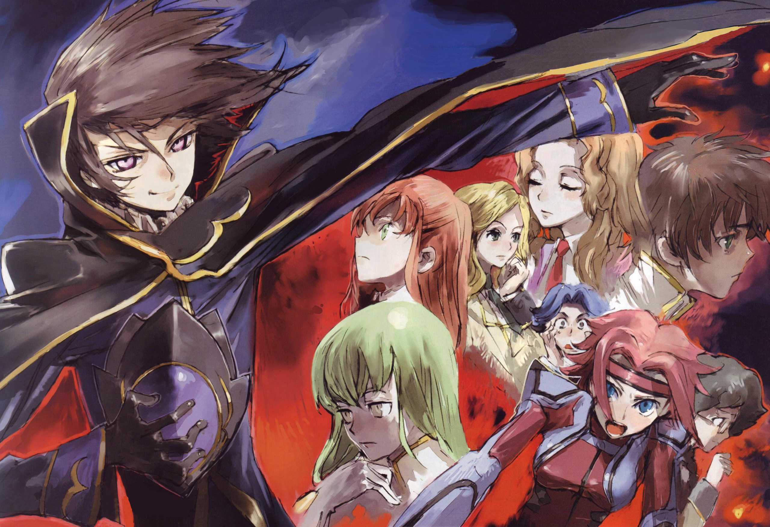 toi8, c.c., kouzuki kallen, kururugi suzaku, lelouch vi britannia, milly ashford, nina einstein, nunnally vi britannia, rivalz cardemonde, shirley fenette, zero (code geass), code geass, highres, scan, 00s, 3boys, 6+girls, aqua eyes, black hair, blonde hair, blue eyes, blue hair, brown hair, cape, closed eyes, geass, green eyes, green hair, helmet, multiple boys, multiple girls, purple eyes, red hair, smirk, yellow eyes