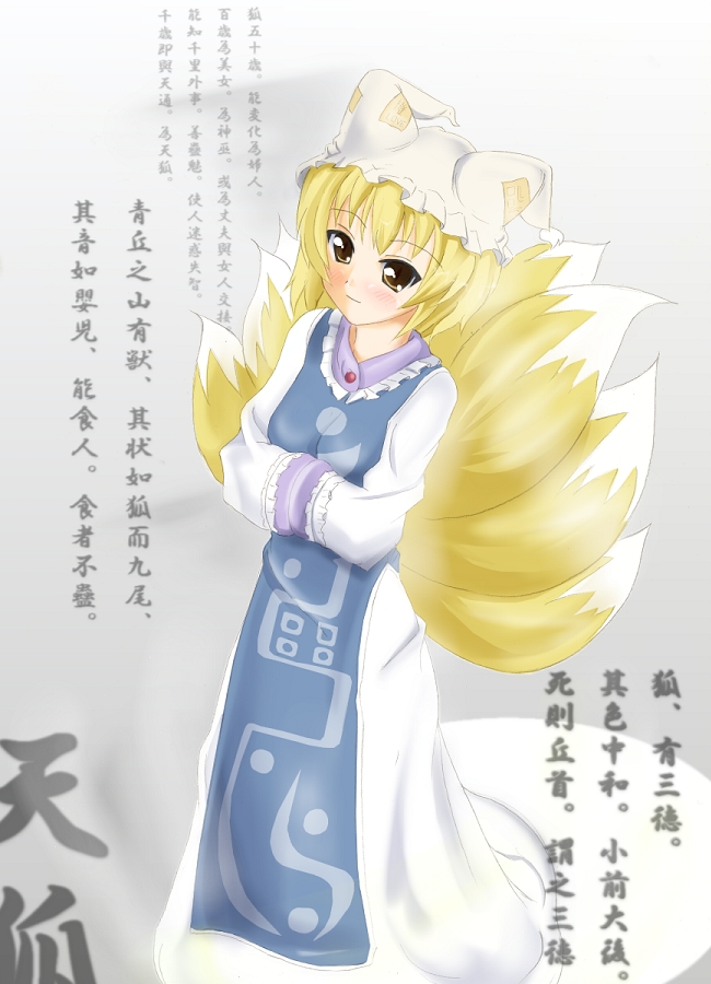 kuro inu, kuroinu (sonoba shinogi), yakumo ran, touhou, 1girl, animal hat, blonde hair, female focus, fox tail, hands in opposite sleeves, hat, long sleeves, looking back, mob cap, multiple tails, ofuda, own hands together, short hair, solo, standing, tabard, tail, tassel, wide sleeves
