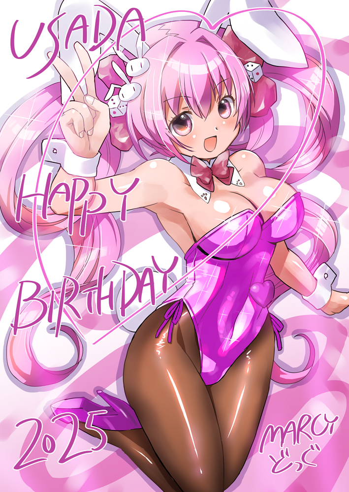 marcy dog, usada hikaru, di gi charat, animal ear hairband, animal ears, bow, bowtie, brown pantyhose, detached collar, dice hair ornament, fake animal ears, hair ornament, hairband, happy birthday, leotard, pantyhose, pink eyes, playboy bunny, purple leotard, rabbit ears, rabbit hair ornament, rabbit tail, red bow, red bowtie, red eyes, side-tie leotard, smile, strapless, strapless leotard, tail, twintails, v, wrist cuffs