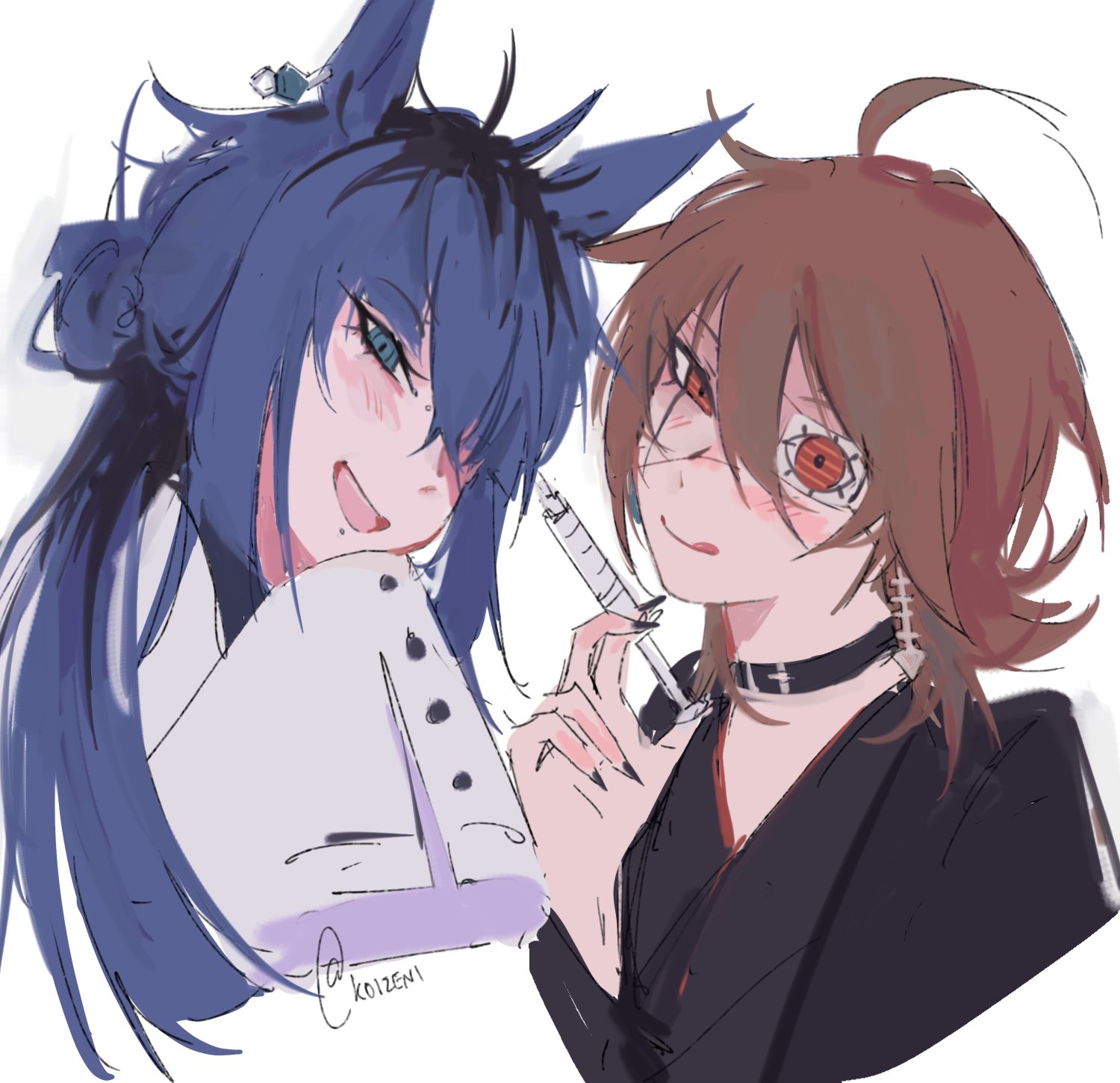 koizeni, agnes tachyon (umamusume), omokage yugamu, the hundred line -last defense academy-, umamusume, highres, 2girls, ahoge, artist name, belt collar, black hair, black haori, blue eyes, blue hair, blush, buttoned cuffs, buttons, chin piercing, choker, coat, collar, cosplay, costume switch, crossed bangs, crossover, ear ornament, earrings, eye print, eyepatch, face piercing, fingernails, fish skeleton earrings, floppy sleeves, genderswap, genderswap (mtf), hair between eyes, half updo, hand on own cheek, hand on own face, haori, head rest, horizontal pupils, horse girl, japanese clothes, jewelry, lab coat, labret piercing, multicolored hair, multiple girls, nail polish, open mouth, piercing, print eyepatch, ringed eyes, sharp fingernails, short hair, signature, simple background, sleeves past fingers, sleeves past wrists, smile, streaked hair, syringe, tongue, tongue out, white background, white coat