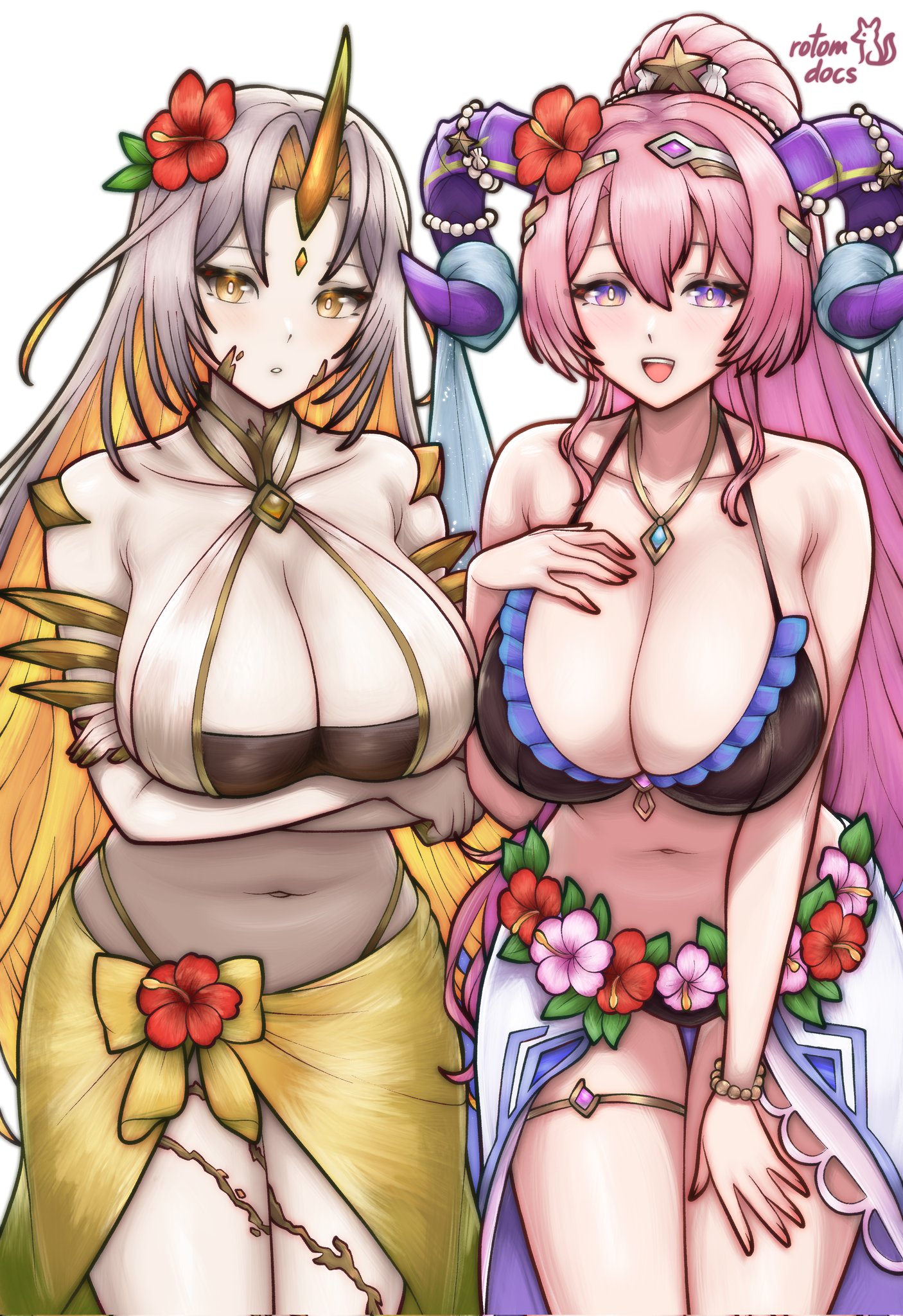 rotomdocs, gullveig (fire emblem), gullveig (summer) (fire emblem), nerthuz (fire emblem), nerthuz (summer) (fire emblem), fire emblem, fire emblem heroes, nintendo, highres, 2girls, arms under breasts, bikini, black bikini, blonde hair, breasts, colored inner hair, crossed arms, flower, goat horns, grey hair, hair flower, hair ornament, hand on own chest, hand on own thigh, horns, huge breasts, jewelry, leaning forward, long hair, looking at viewer, multicolored hair, multiple girls, navel, official alternate costume, pendant, pink hair, ponytail, purple eyes, sarong, simple background, smile, swimsuit, very long hair, white background, white bikini, yellow eyes, yellow sarong