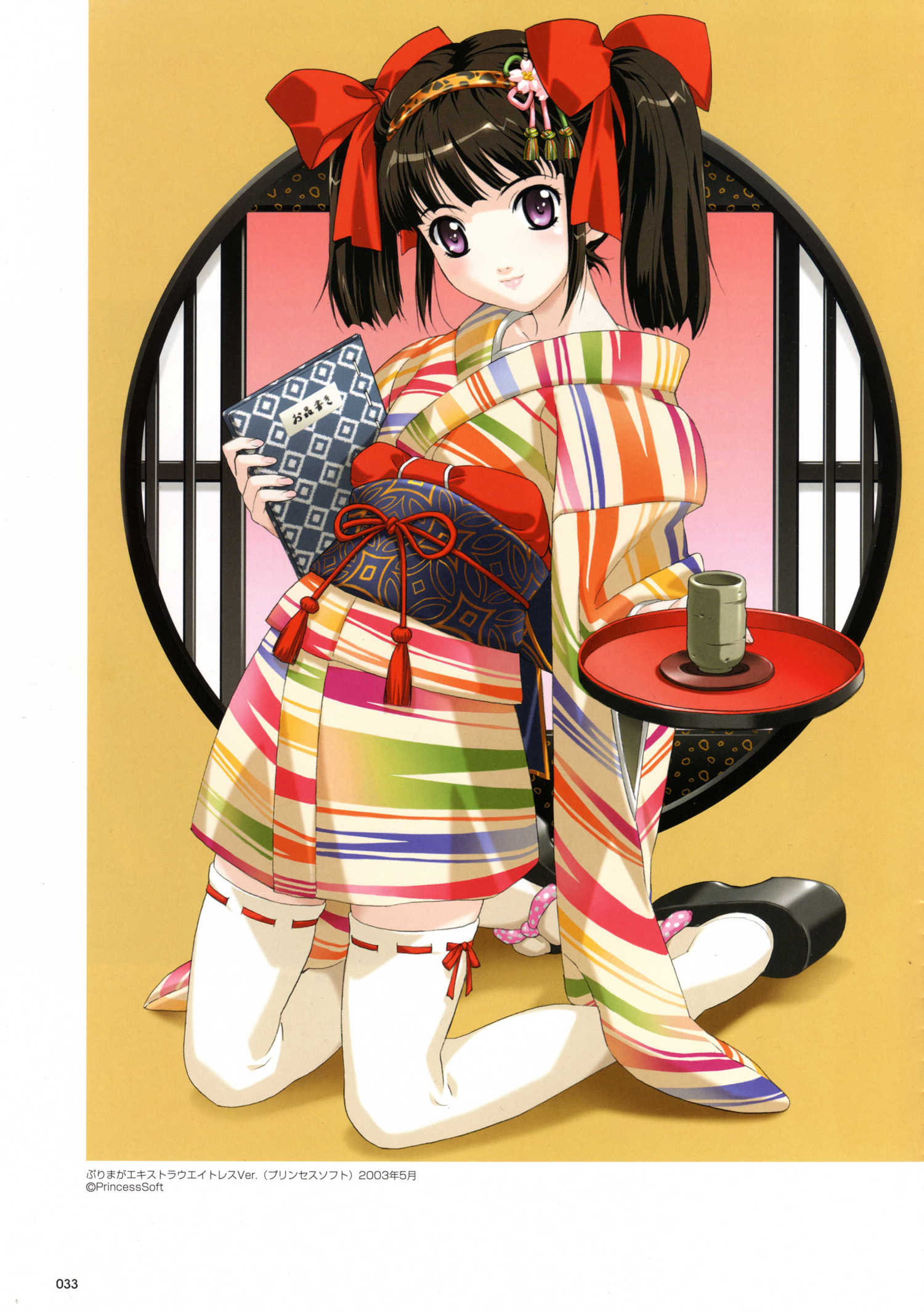 happoubi jin, original, sweet body, highres, scan, 1girl, black hair, book, female focus, geta, japanese clothes, kimono, kneeling, obi, okobo, plate, platform sandals, purple eyes, ribbon, ribbon-trimmed legwear, ribbon-trimmed thighhighs, ribbon trim, round window, sandals, sash, shippou (pattern), short hair, short kimono, solo, thighhighs, twintails, white thighhighs, window