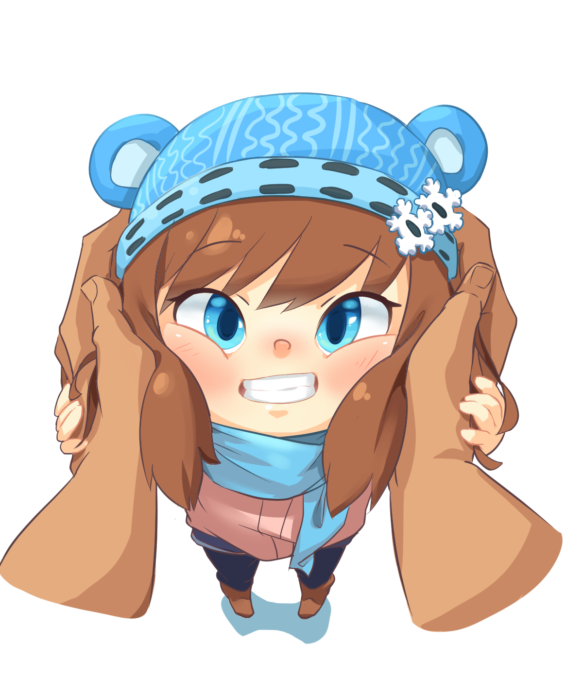 kiwoseo meogneundas, hat kid, a hat in time, highres, korean commentary, 1girl, aqua scarf, blue eyes, blue pants, blush, boots, brown boots, brown hair, cheek poking, coat, disembodied hand, from above, grin, hair ornament, hands on another's face, hands on another's hands, hands on another's head, hat, knit hat, medium hair, pants, pink coat, poking, pov, scarf, sidelocks, simple background, smile, snowflake hair ornament, teeth, white background