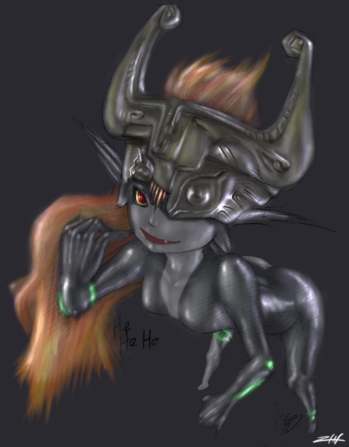 levo, midna, nintendo, the legend of zelda, the legend of zelda: twilight princess, 1girl, ass, bare shoulders, bent over, black skin, body markings, breasts, collarbone, colored sclera, colored skin, english text, fang, female focus, giggling, glowing, glowing tattoo, grey background, grin, headpiece, helmet, laughing, long hair, long pointy ears, looking at viewer, multicolored skin, neon trim, nude, orange hair, pointy ears, red eyes, sexually suggestive, shiny skin, signature, simple background, small breasts, smile, solo, tattoo, yellow sclera