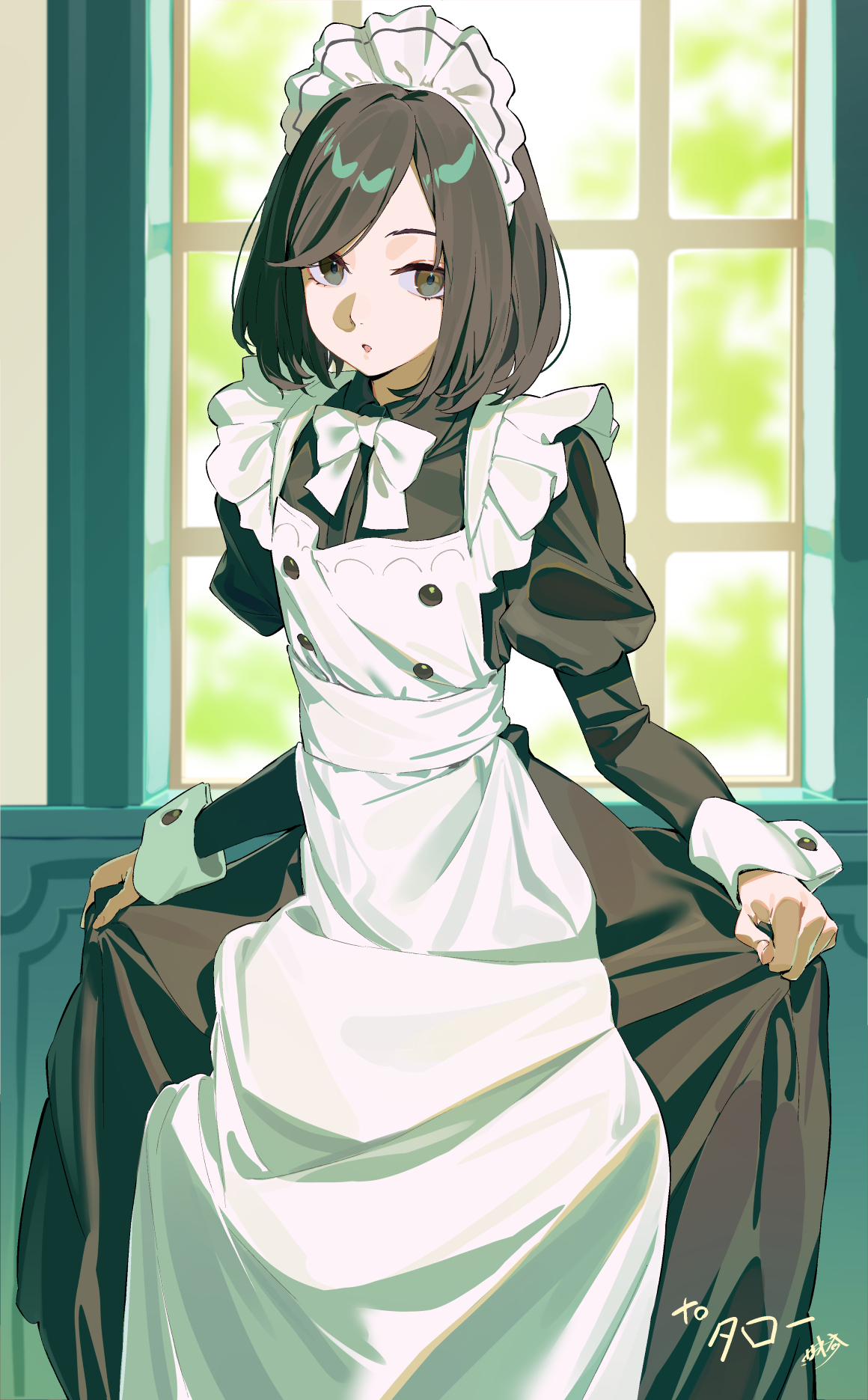ibaraki shun, original, commission, highres, skeb commission, 1girl, apron, black eyes, black hair, chestnut mouth, indoors, looking at viewer, maid, maid apron, maid headdress, solo, white apron, window