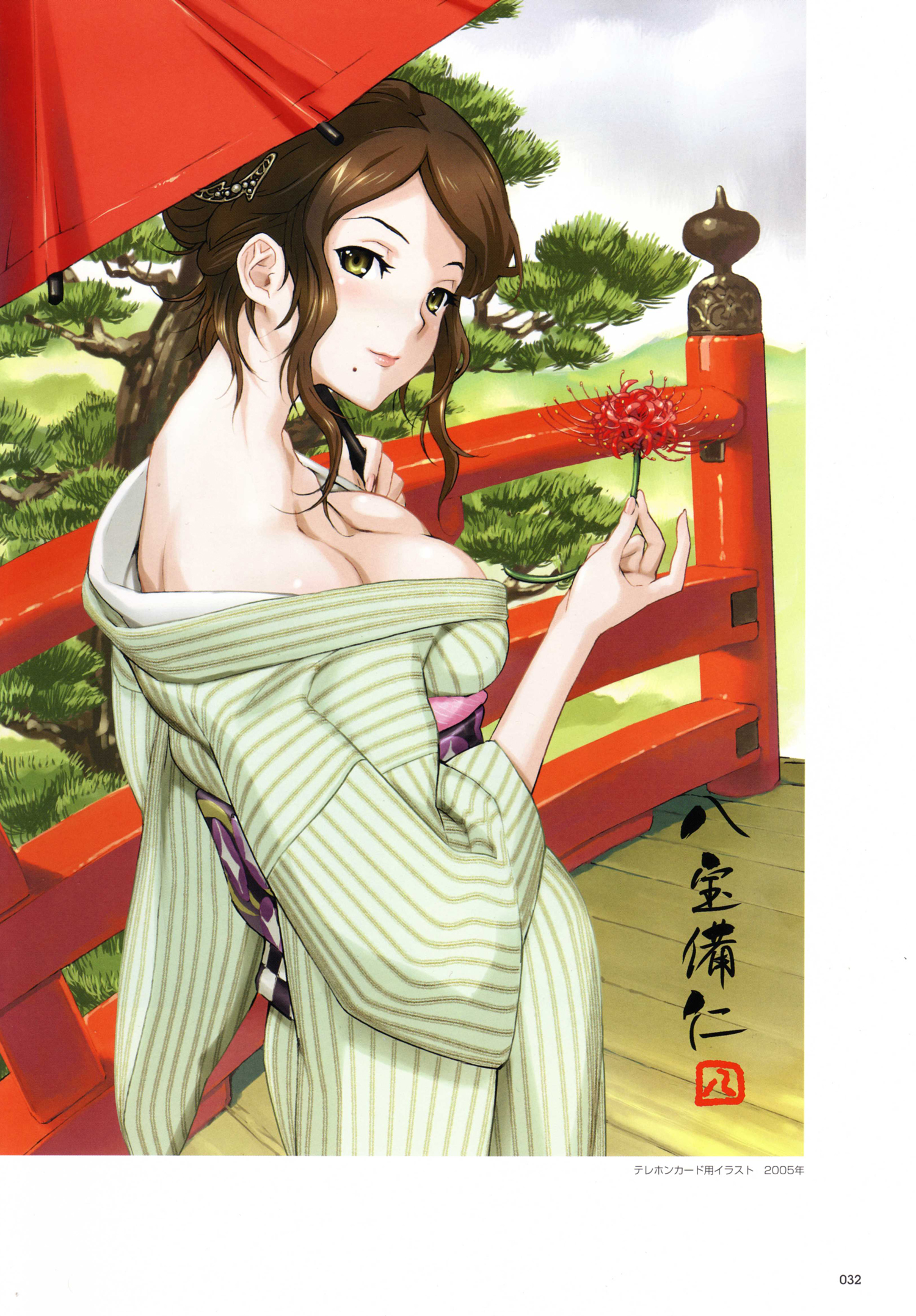 happoubi jin, sweet body, striped, highres, 1girl, bare shoulders, blush, breasts, bridge, brown eyes, brown hair, cleavage, cloud, collarbone, cowboy shot, day, female focus, fingernails, flower, grass, green eyes, hair ornament, holding, holding umbrella, japanese clothes, kimono, lips, long hair, mole, mountain, off shoulder, open clothes, outdoors, red flower, sky, solo, spider lily, standing, swept bangs, tree, umbrella