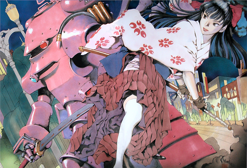 kobu, yamada akihiro, koubu, shinguuji sakura, sakura taisen, 00s, 1girl, black hair, bow, faux traditional media, japanese clothes, katana, long hair, mecha, red bow, robot, sword, tassel, thighhighs, weapon
