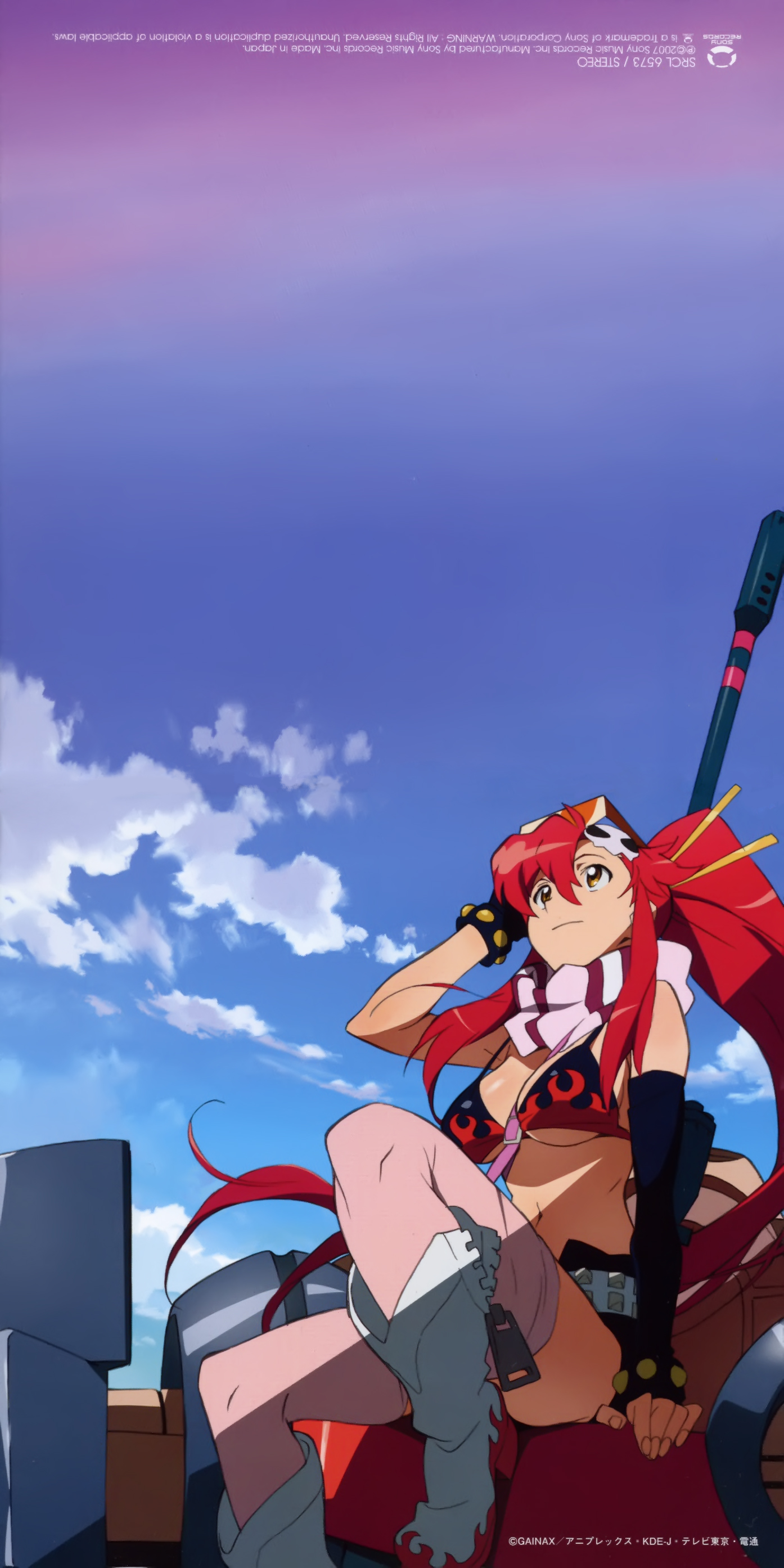 yoko littner, tengen toppa gurren lagann, absurdres, highres, 00s, 1girl, bikini, bikini top only, breasts, day, female focus, fingerless gloves, gloves, hair ornament, long hair, outdoors, ponytail, red hair, short shorts, shorts, sky, solo, swimsuit, thighhighs, yellow eyes