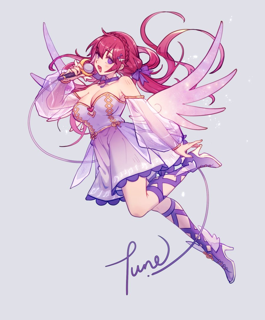 faithom, seraphictune, 1girl, braid, breasts, dress, full body, huge breasts, long hair, no bra, purple dress, purple eyes, red hair, sidelocks, solo, thighs, transparent, yellow dress