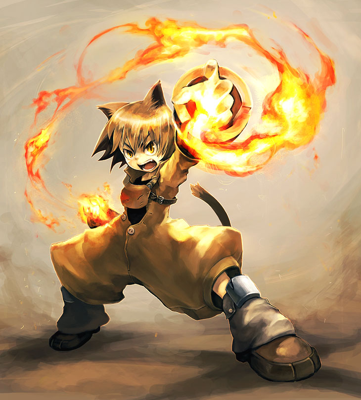 higashi, dragon quest, dragon quest dai no daibouken, redrawn, 1girl, animal ears, brown hair, cat ears, cat tail, element bender, female focus, fire, orange eyes, solo, tail
