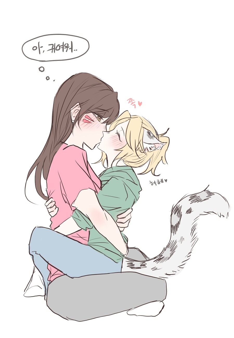 d.va (overwatch), mercy (overwatch), overwatch, overwatch 1, translation request, 2girls, age difference, aged down, animal ears, arms around waist, blonde hair, blush, brown eyes, brown hair, closed eyes, facial mark, female focus, green hoodie, grey pants, heart, hood, hoodie, hug, kiss, korean text, leg lock, long hair, monochrome, multiple girls, one eye closed, pants, pink background, pink shirt, ponytail, servadakin, shirt, sitting, sitting on lap, sitting on person, tail, white background, yuri