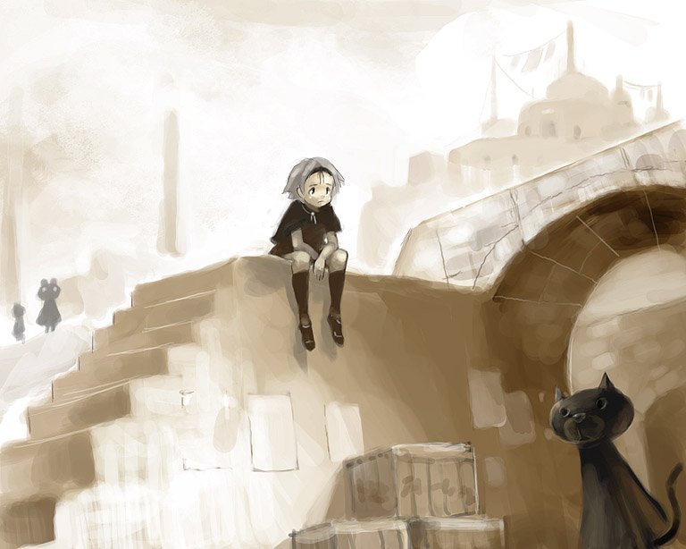higashi, original, 1girl, brown theme, cat, female focus, grey hair, looking afar, monochrome, muted color, sad, scenery, sitting, solo