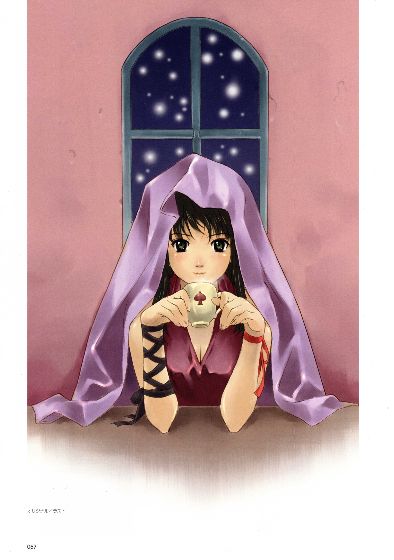 happoubi jin, sweet body, highres, scan, black hair, blanket, brown eyes, brown hair, coffee, cup, long hair, mug, ribbon, smile, snow, solo, window