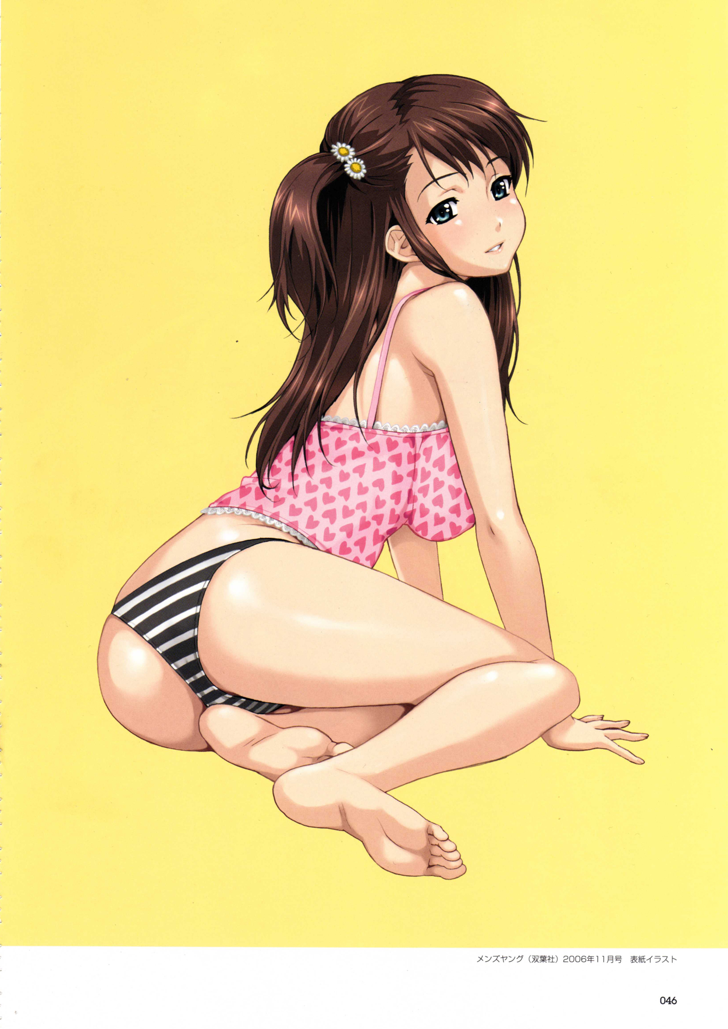 happoubi jin, sweet body, artbook, highres, 00s, 1girl, 2006, ass, barefoot, blue eyes, brown hair, feet, female focus, flower, full body, hair ornament, lips, long hair, panties, soles, solo, striped clothes, striped panties, toes, underwear