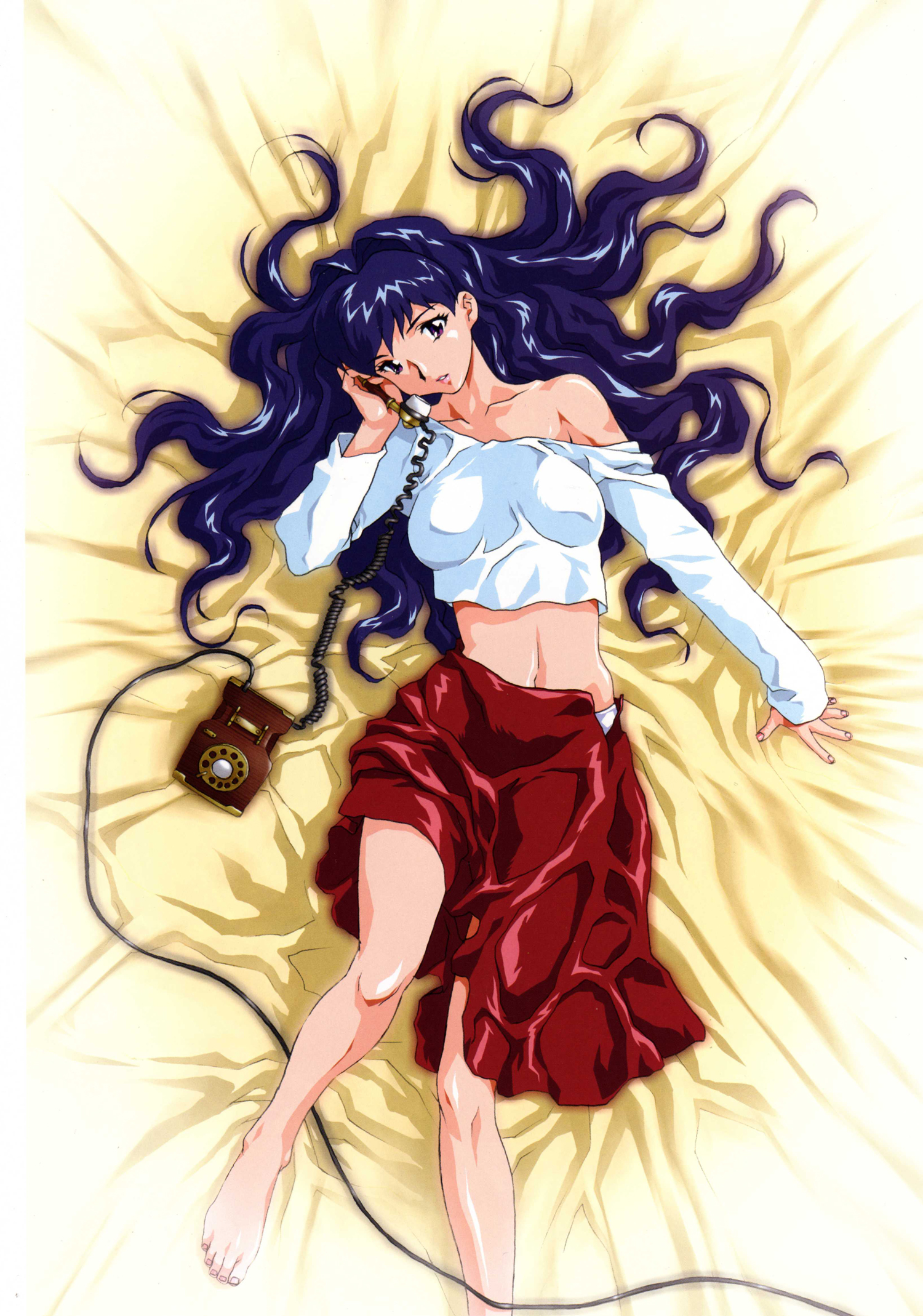 happoubi jin, saeki kyouko, sweet body, tonari no onee-san, tonari no oneesan, highres, non-web source, 00s, 1girl, bare shoulders, barefoot, bed, bed sheet, blue hair, collarbone, corded phone, crop top, feet, female focus, from above, hair intakes, hair spread out, head tilt, lipstick, long hair, lying, makeup, midriff, navel, no bra, off shoulder, on back, panties, phone, purple eyes, purple hair, side slit, skirt, solo, underwear, wavy hair, white panties