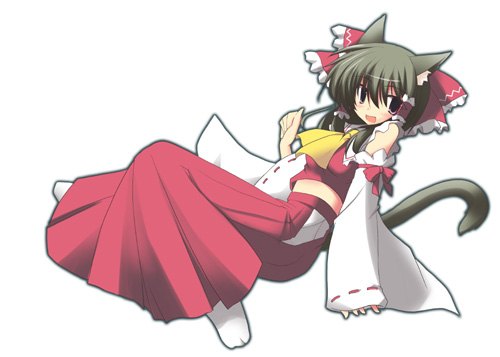 kugui kiyunemu, hakurei reimu, imperishable night, touhou, lowres, 1girl, animal ears, cat ears, cat girl, female focus, full body, kemonomimi mode, simple background, skirt, solo, white background
