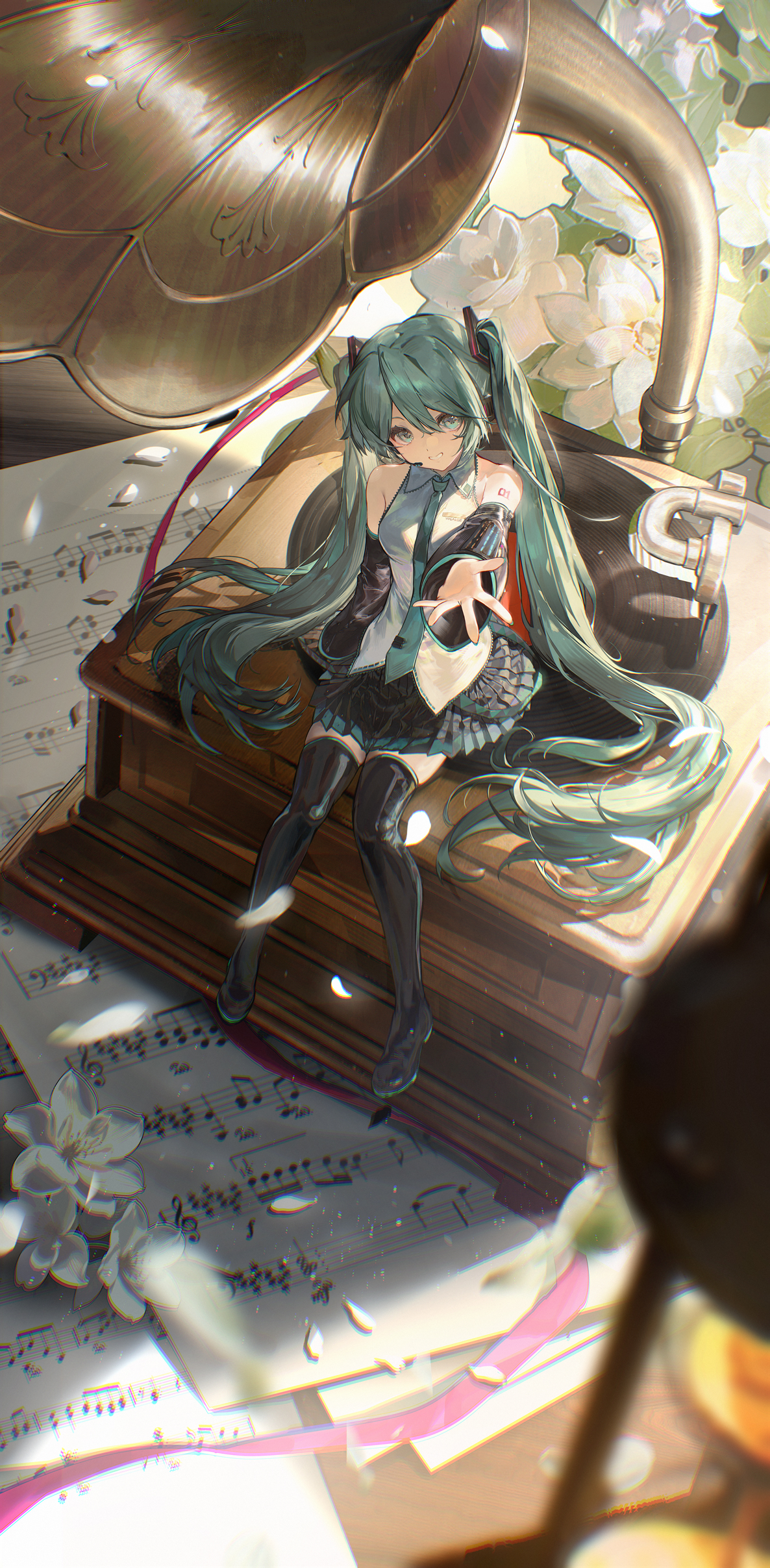 musan (musansansan), hatsune miku, vocaloid, absurdres, chinese commentary, commentary, highres, 1girl, aqua eyes, aqua hair, aqua necktie, arm tattoo, bass clef, beamed eighth notes, beamed sixteenth notes, black boots, black skirt, blurry, blurry foreground, boots, collared shirt, detached sleeves, dotted half note, eighth note, eighth rest, engage pedal (symbol), f-sharp magor, falling petals, flower, forte (symbol), full body, grey shirt, grin, half note, headset, long hair, looking at viewer, mezzo-forte (symbol), mini person, minigirl, musical note, necktie, number tattoo, outstretched arm, outstretched hand, petals, phonograph, pink ribbon, pleated skirt, quarter rest, ribbon, sharp sign, sheet music, shirt, sidelighting, sitting, sixteenth note, skirt, sleeveless, sleeveless shirt, smile, solo, tattoo, thigh boots, thighhighs, tie clip, treble clef, very long hair, vinyl record, white flower, zettai ryouiki