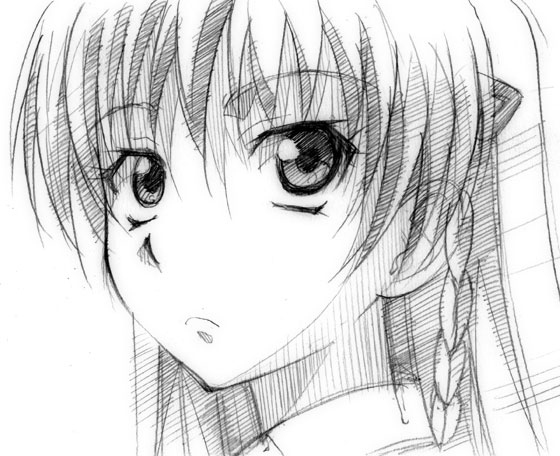gofu, katsuragi yako, majin tantei nougami neuro, traditional media, 00s, braid, greyscale, monochrome, portrait, side braid, simple background, sketch, solo