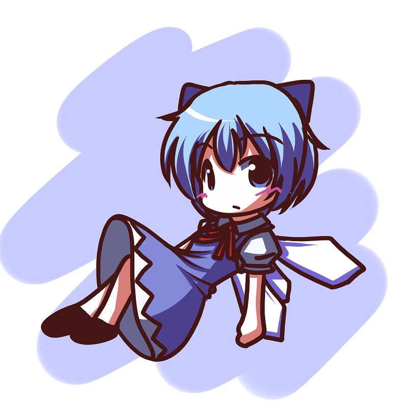 fictional sister, cirno, embodiment of scarlet devil, touhou, 1girl, bow, chibi, female focus, full body, solo