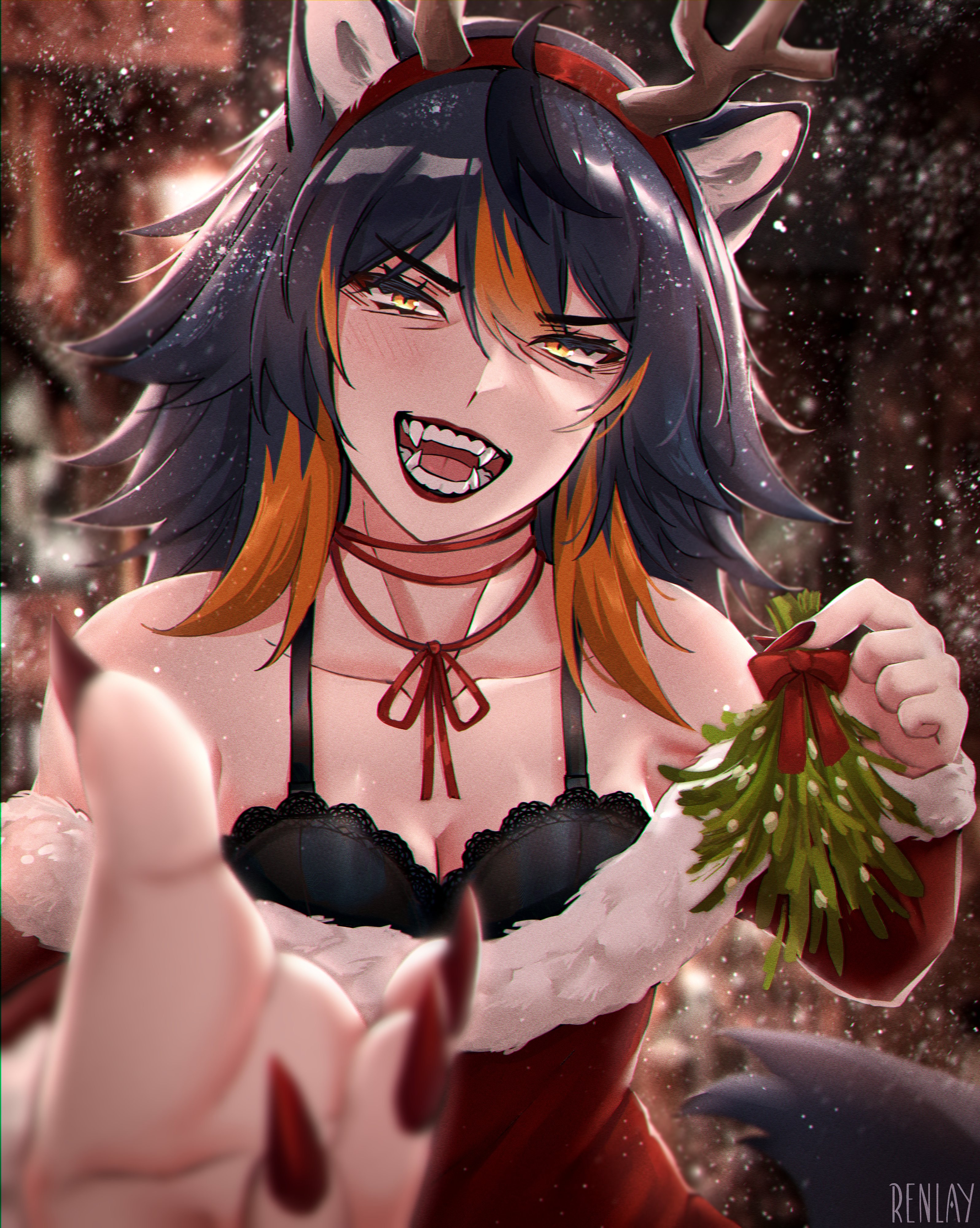 renlayrenee, original, absurdres, commentary, english commentary, highres, 1girl, :d, animal ears, antlers, artist name, bare shoulders, black bra, black hair, blurry, blurry foreground, borrowed character, bra, breasts, christmas, cleavage, collarbone, depth of field, dress, fake antlers, fangs, fingernails, fur-trimmed dress, fur trim, gift art, holding, holding mistletoe, horns, kaya (kbdudebro), lace, lace-trimmed bra, lace trim, looking at viewer, mistletoe, multicolored hair, off shoulder, open mouth, orange hair, orange streaks, outdoors, red dress, red nails, red ribbon, reindeer antlers, ribbon, sharp fingernails, smile, snow, solo, streaked hair, tail, underwear, upper body, v-shaped eyebrows, wolf ears, wolf girl, wolf tail, yellow eyes