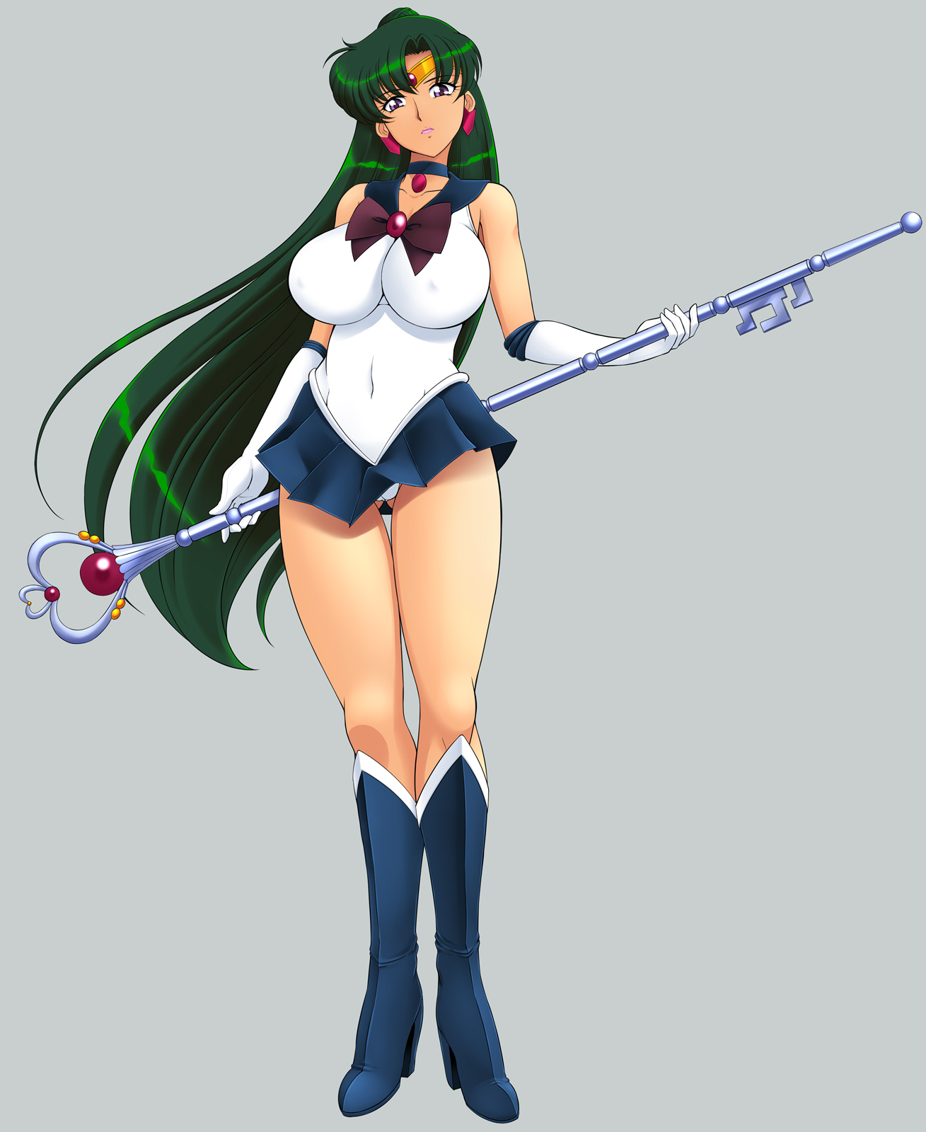 lento (glamour works), meiou setsuna, sailor pluto, bishoujo senshi sailor moon, highres, black boots, black choker, black sailor collar, black skirt, boots, bow, breasts, brooch, choker, circlet, clothes lift, covered navel, earrings, elbow gloves, garnet rod, gloves, gluteal fold, green hair, hair bun, holding, jewelry, large breasts, leotard, lips, long hair, magical girl, panties, pantyshot, pendant choker, red bow, red eyes, sailor collar, sailor senshi uniform, shirt, short hair, single hair bun, skirt, skirt lift, staff, thick thighs, thighs, underwear, white gloves, white shirt