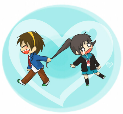 kyon, kyonko, suzumiya haruhi, suzumiya haruhiko, suzumiya haruhi no yuuutsu, lowres, 00s, 1boy, 1girl, chibi, dragging, genderswap, genderswap (ftm), genderswap (mtf), grabbing another's hair, holding another's hair, ponytail, school uniform, serafuku