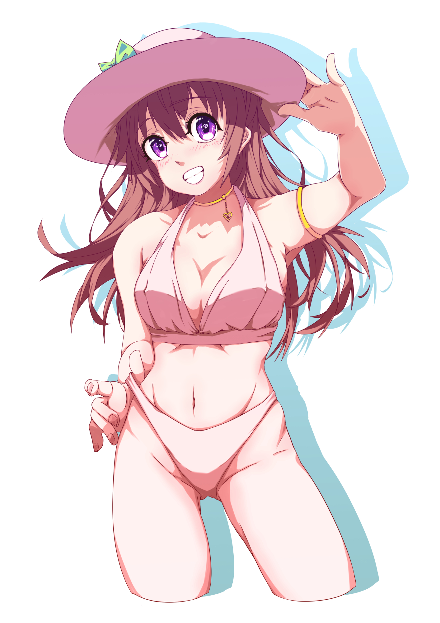 wagimo, original, highres, 1girl, armband, bikini, bikini pull, breasts, brown hair, choker, cleavage, clothes pull, cowboy shot, grin, hat, highleg, highleg bikini, medium breasts, pink bikini, pink hat, purple eyes, smile, solo, sun hat, swimsuit, white background