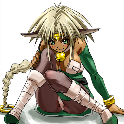haruyama kazunori, aisha clanclan, outlaw star, lowres, 1990s (style), 1girl, :3, animal ears, bell, blush, bracelet, braid, breasts, cat ears, circlet, cleavage, collar, dark-skinned female, dark skin, detached sleeves, female focus, green eyes, jewelry, jingle bell, large breasts, long hair, neck bell, panties, panties over pantyhose, pantyhose, pantyshot, retro artstyle, ring, sitting, solo, underwear, white hair, white panties