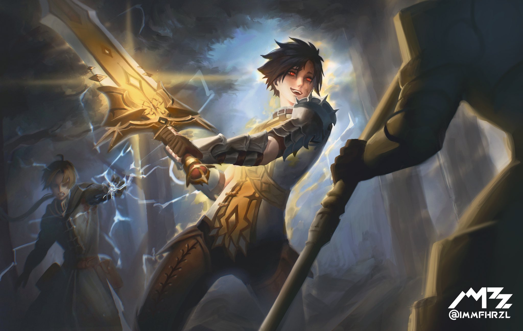 rudeus greyrat, mushoku tensei, highres, 3boys, arm armor, armor, casting spell, clenched teeth, evil smile, fighting, holding, holding staff, holding weapon, huge weapon, imamfhrzl14, lightning, multiple boys, red eyes, sandor von grandeur, smile, staff, teeth, weapon