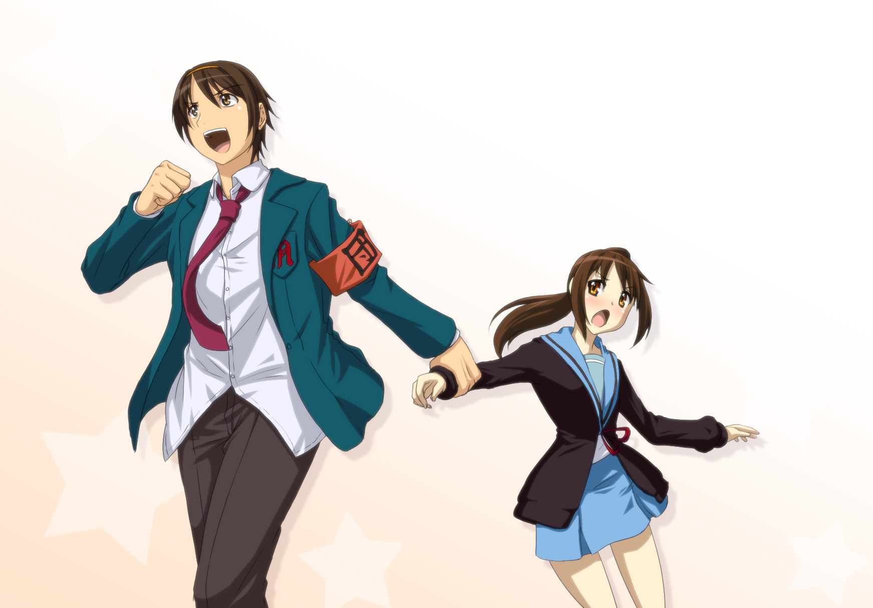 kyon, kyonko, suzumiya haruhi, suzumiya haruhiko, suzumiya haruhi no yuuutsu, highres, 00s, 1boy, 1girl, armband, brown hair, cardigan, genderswap, genderswap (ftm), genderswap (mtf), necktie, open mouth, ponytail, school uniform, serafuku, skirt, smile