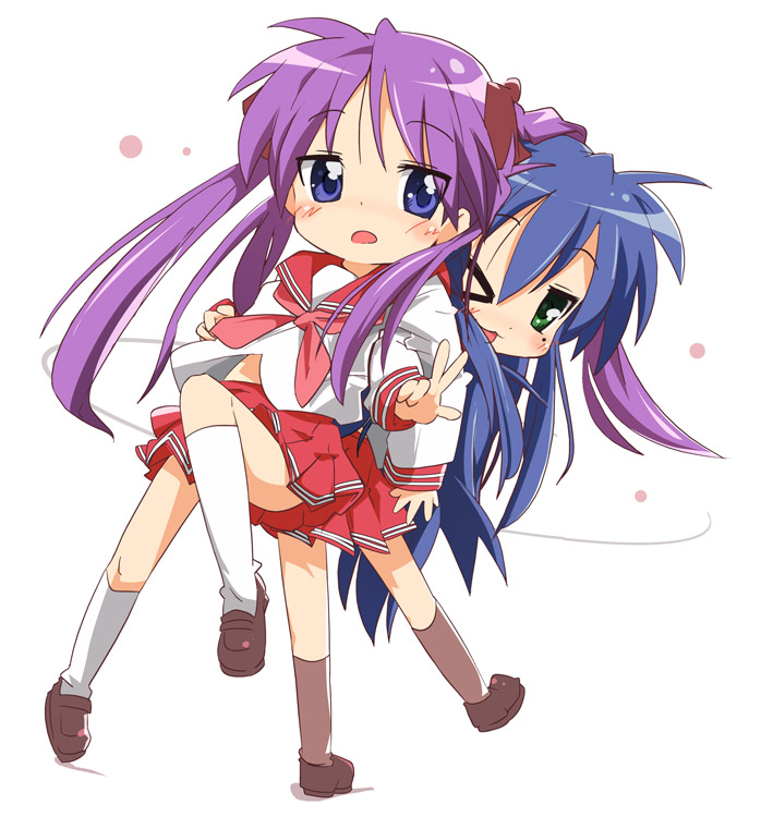 ixy, hiiragi kagami, izumi konata, lucky star, pink neckwear, 00s, 2girls, assisted stretching, back-to-back, locked arms, long hair, mole, mole under eye, multiple girls, one eye closed, purple hair, ryouou school uniform, school uniform, serafuku, stretching, v, wink