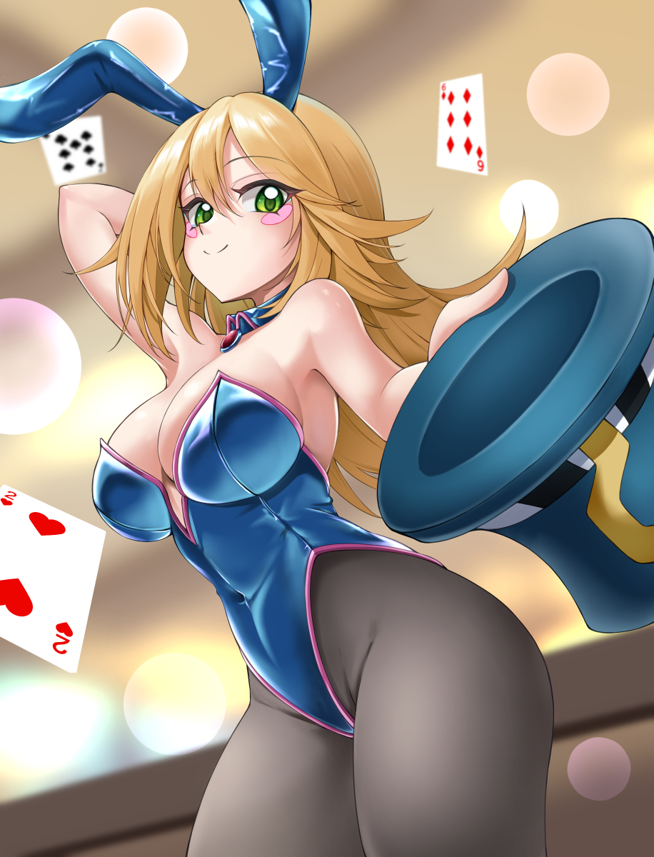 nobea, dark magician girl, yu-gi-oh!, highres, 1girl, animal ear hairband, animal ears, black pantyhose, blonde hair, blue hat, blue leotard, blush stickers, breasts, card, cleavage, detached collar, duel monster, fake animal ears, green eyes, hairband, hat, holding, holding unworn clothes, holding unworn hat, leotard, long hair, medium breasts, pantyhose, playboy bunny, playing card, rabbit ears, seven of spades, six of hearts, solo, strapless, strapless leotard, top hat, two of hearts, unworn hat, unworn headwear