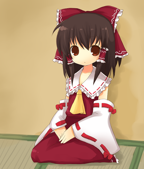 yuzuki (yuduame), hakurei reimu, touhou, 1girl, ascot, black hair, blush, bow, collarbone, detached sleeves, dress, female focus, hair bow, hair tubes, indoors, long sleeves, looking at viewer, red bow, red dress, red eyes, ribbon-trimmed collar, ribbon-trimmed sleeves, ribbon trim, seiza, short hair, sidelocks, sitting, solo, tatami