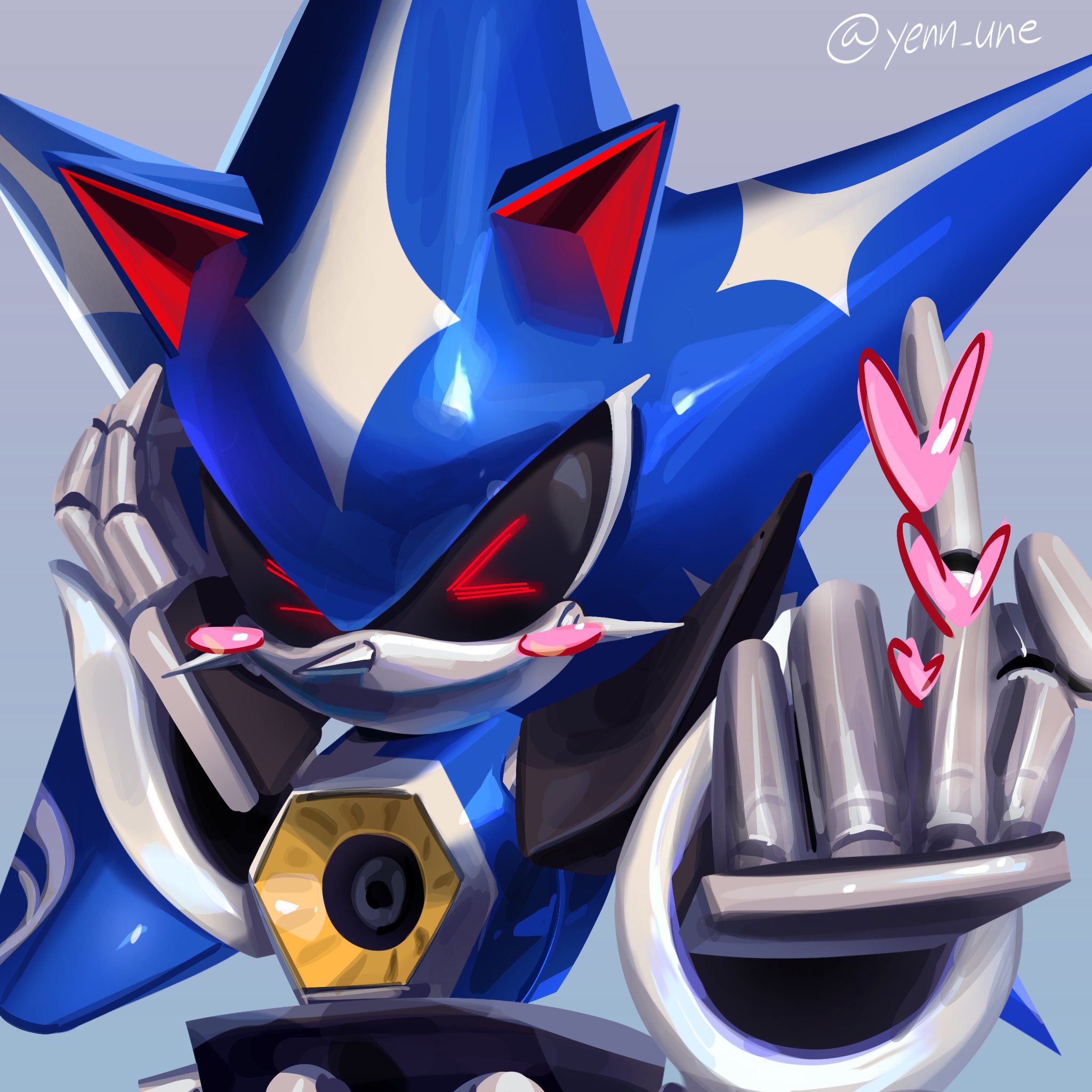 yenn une, metal sonic, neo metal sonic, sonic (series), highres, > <, 1boy, artist name, blush, blush stickers, closed eyes, colored sclera, hand on own face, heart, humanoid robot, middle finger, no mouth, red eyes, robot, simple background, solo, spikes