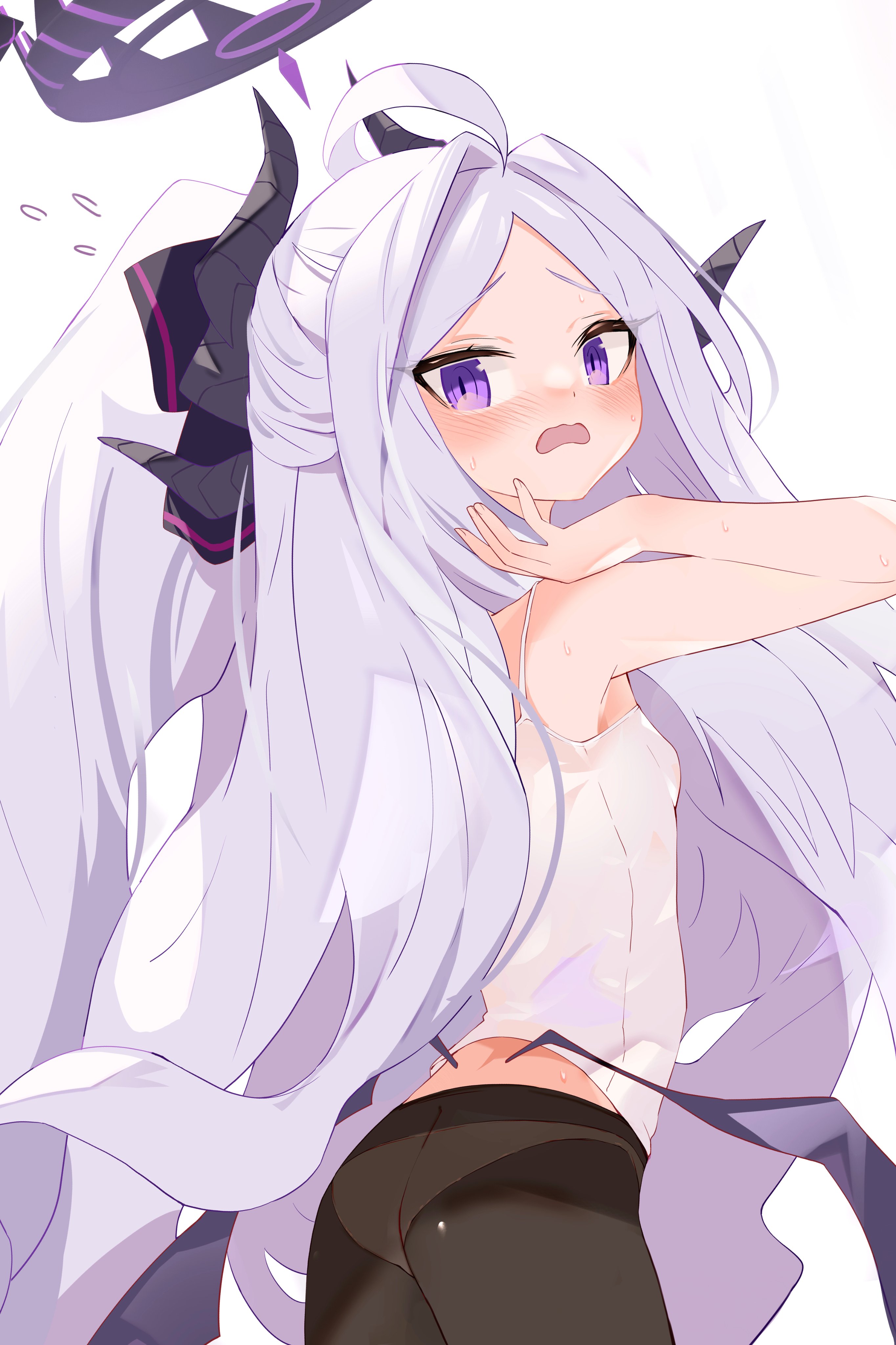 ura ra1800, hina (blue archive), blue archive, absurdres, highres, 1girl, ahoge, arm up, armpits, ass, black halo, black horns, black pantyhose, blush, breasts, camisole, demon girl, demon horns, demon wings, embarrassed, flying sweatdrops, forehead, from behind, halo, horns, long hair, looking back, low wings, open mouth, panties, panties under pantyhose, pantyhose, ponytail, purple eyes, ribbon, small breasts, solo, underwear, very long hair, white camisole, white hair, white panties, wings