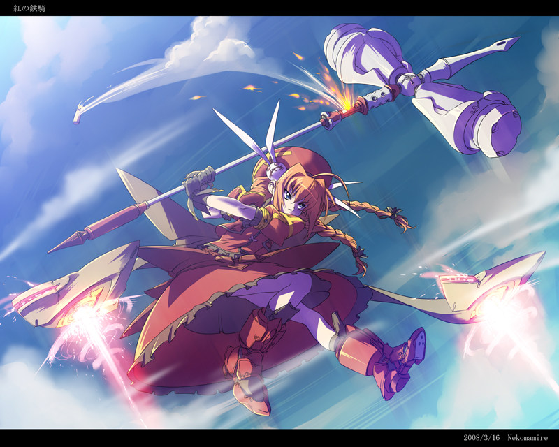 nekomamire, graf eisen, vita (nanoha), lyrical nanoha, mahou shoujo lyrical nanoha, mahou shoujo lyrical nanoha a's, 00s, 1girl, ahoge, armor, blue eyes, boots, braid, cartridge, casing ejection, cloud, day, dress, female focus, flying, frills, gloves, hammer, hat, huge weapon, long hair, orange hair, red dress, shell casing, sky, solo, twin braids, weapon