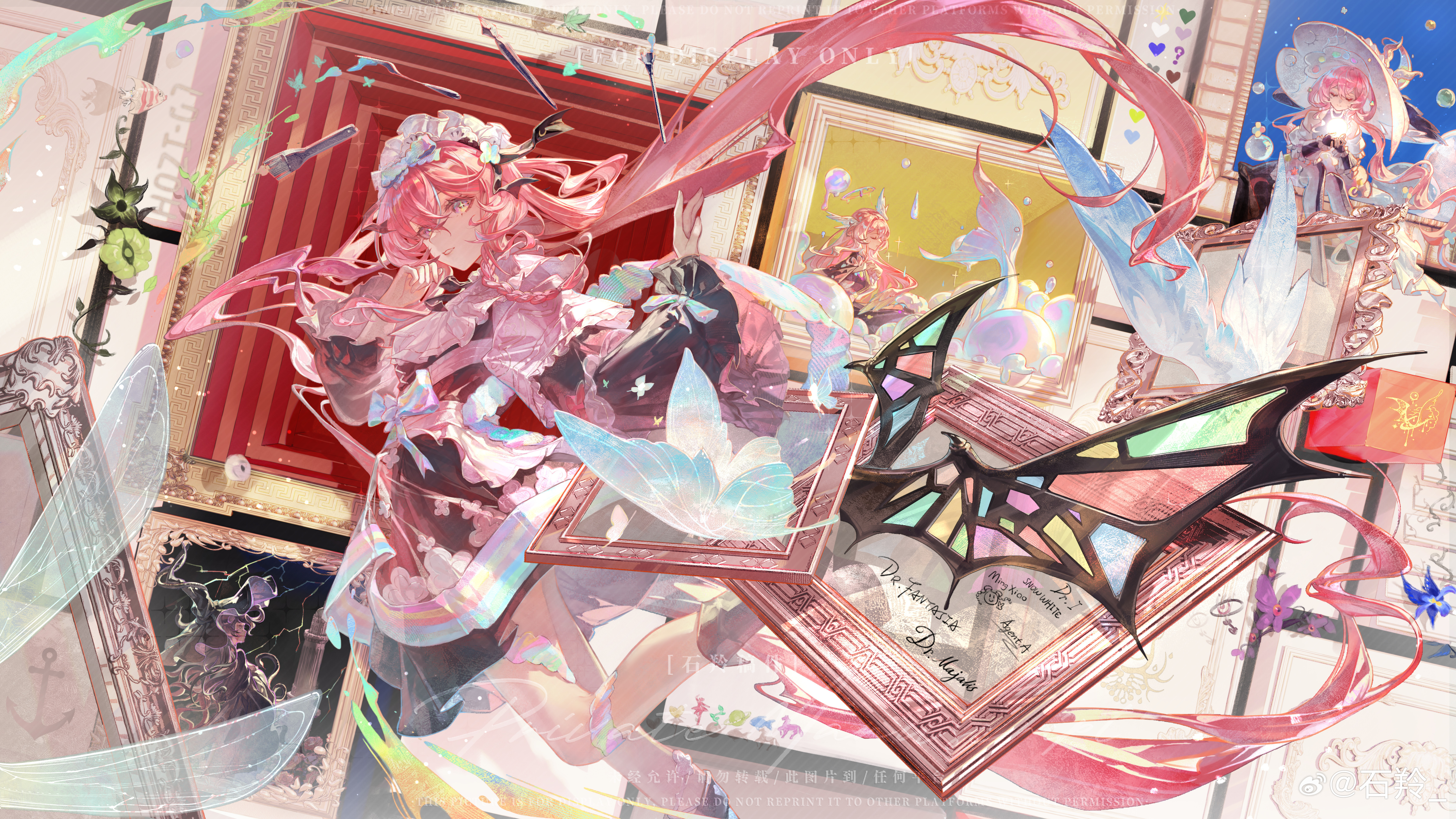 shiling, original, absurdres, chinese commentary, commission, highres, 1girl, anchor symbol, angel wings, ascot, bell sleeves, black boots, black dress, black hat, black ribbon, blue butterfly, blue flower, blue hair, boots, bow, braid, bubble, bubble pipe, bug, butterfly, demon wings, disembodied wing, dress, eyeball, feet out of frame, film strip, floating hair, floral print, floral print dress, flower, flower with face, frilled sleeves, frills, gradient butterfly, green flower, grin, hair between eyes, hair bow, hair flower, hair ornament, hair ribbon, hair rings, hand to own mouth, hands up, hat, head wings, heart, holding orb, insect, insect wings, layered sleeves, leaf, leg ribbon, light particles, long hair, long sleeves, looking at viewer, looking to the side, low twintails, maid headdress, maple leaf, mermaid, monster girl, multicolored hair, multiple views, neck ribbon, nib pen (object), paint splatter, paintbrush, painting (object), parted lips, pen, picture frame, pink hair, pink sash, pink sleeves, portrait, print dress, purple flower, rainbow bow, rainbow flower, rainbow ribbon, ribbon, sash, short over long sleeves, short sleeves, shrug (clothing), side braid, sidelocks, signature, sleeve bow, smile, solo, stained glass, standing, standing on one leg, streaked hair, through medium, through painting, tropical fish, twintails, very long hair, waist bow, waist sash, watermark, weibo watermark, white ascot, white butterfly, white hat, wings, witch, witch hat