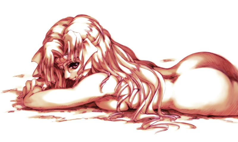 hisahiko, wendy rasm iknart, banpresto, super robot wars, super robot wars the lord of elemental, 1girl, ass, breast press, breasts, female focus, lying, medium breasts, monochrome, nude, on stomach, solo