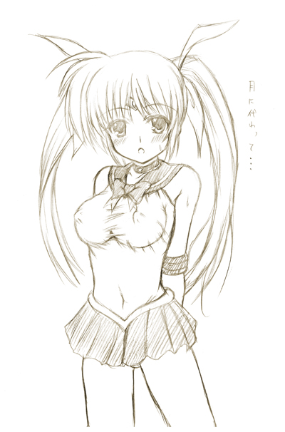 johnny (from scratch), sailor moon, takamachi nanoha, tsukino usagi, bishoujo senshi sailor moon, lyrical nanoha, mahou shoujo lyrical nanoha, mahou shoujo lyrical nanoha strikers, 1girl, arms behind back, bow, breasts, brown theme, choker, cosplay, covered erect nipples, covered navel, cowboy shot, female focus, hair bow, large breasts, magical girl, miniskirt, monochrome, pleated skirt, sailor moon (cosplay), shirt, skin tight, skirt, solo, taut clothes, taut shirt, tsukino usagi (cosplay), twintails